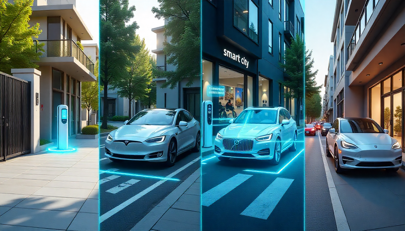 Tesla and Volvo electric cars charging at blue illuminated EV charging stations on city street with modern apartment buildings