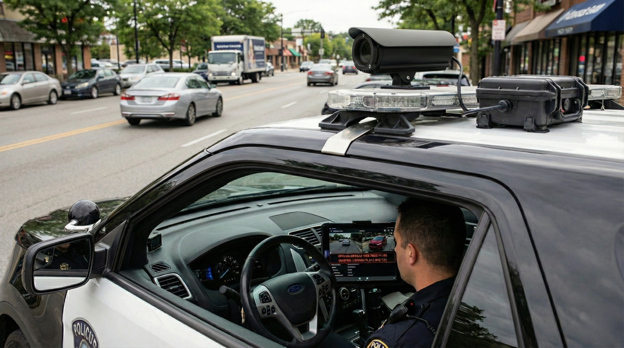 Police officer using an automated license plate reader system from inside a patrol vehicle