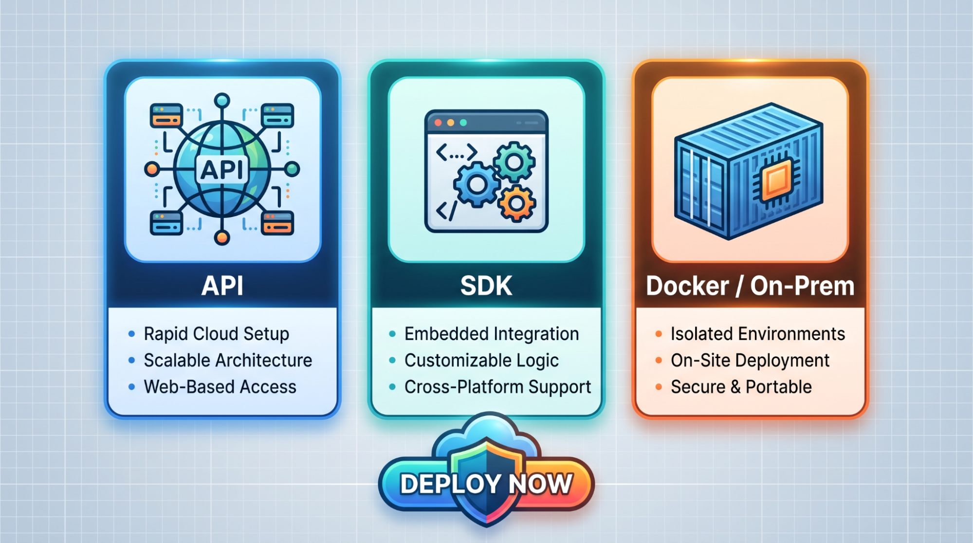 Three icons side-by-side representing different integration methods: API, SDK, and Docker/On-Premises
