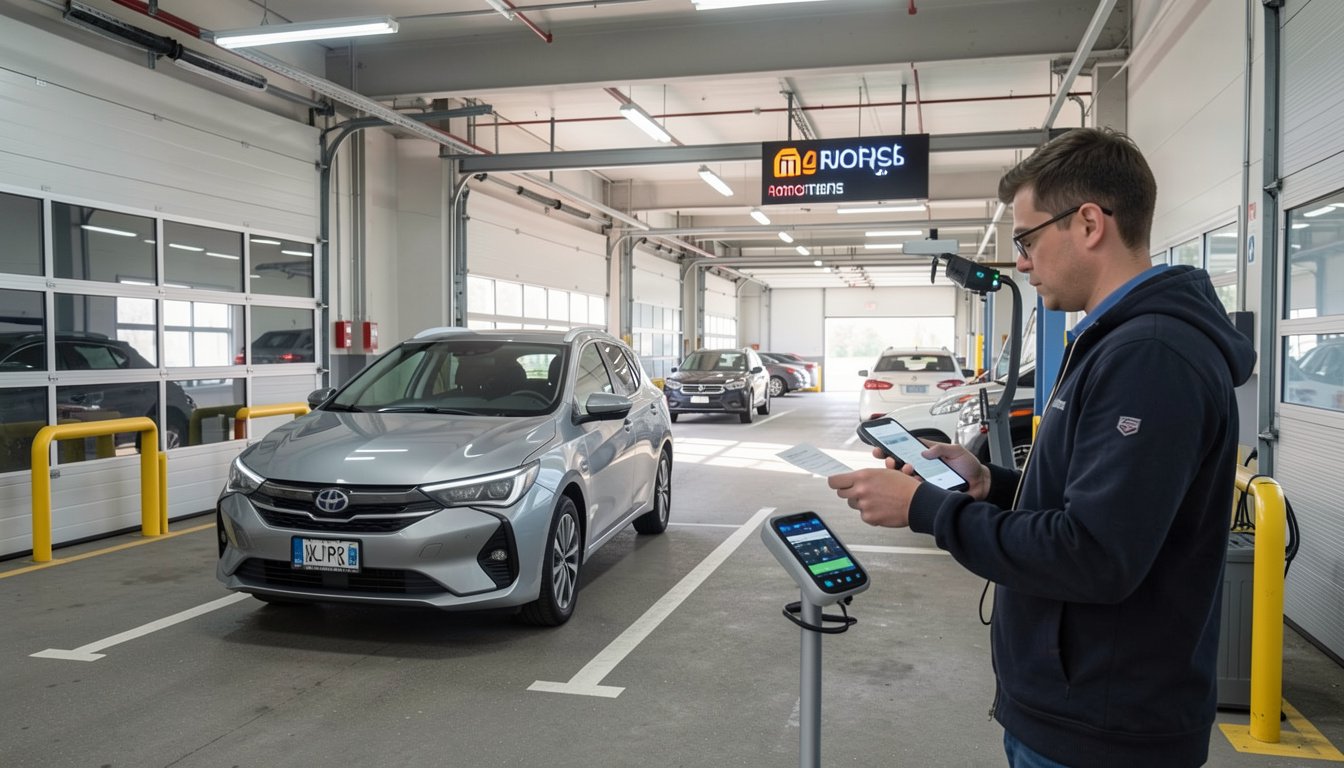 Car rental return agent processing a vehicle check-in using mobile technology in a covered service garage