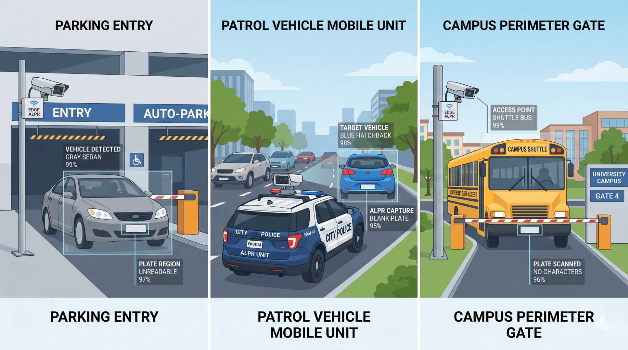 Illustration of edge ALPR deployments at a parking entry, a patrol vehicle, and a campus gate.In each case, the framing is analytics and safety. The point is structured vehicle data, not blanket monitoring.
