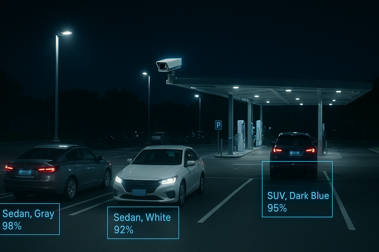 Advanced ALPR system scanning vehicles at a parking entrance at night with deep learning overlays for make model and color detection