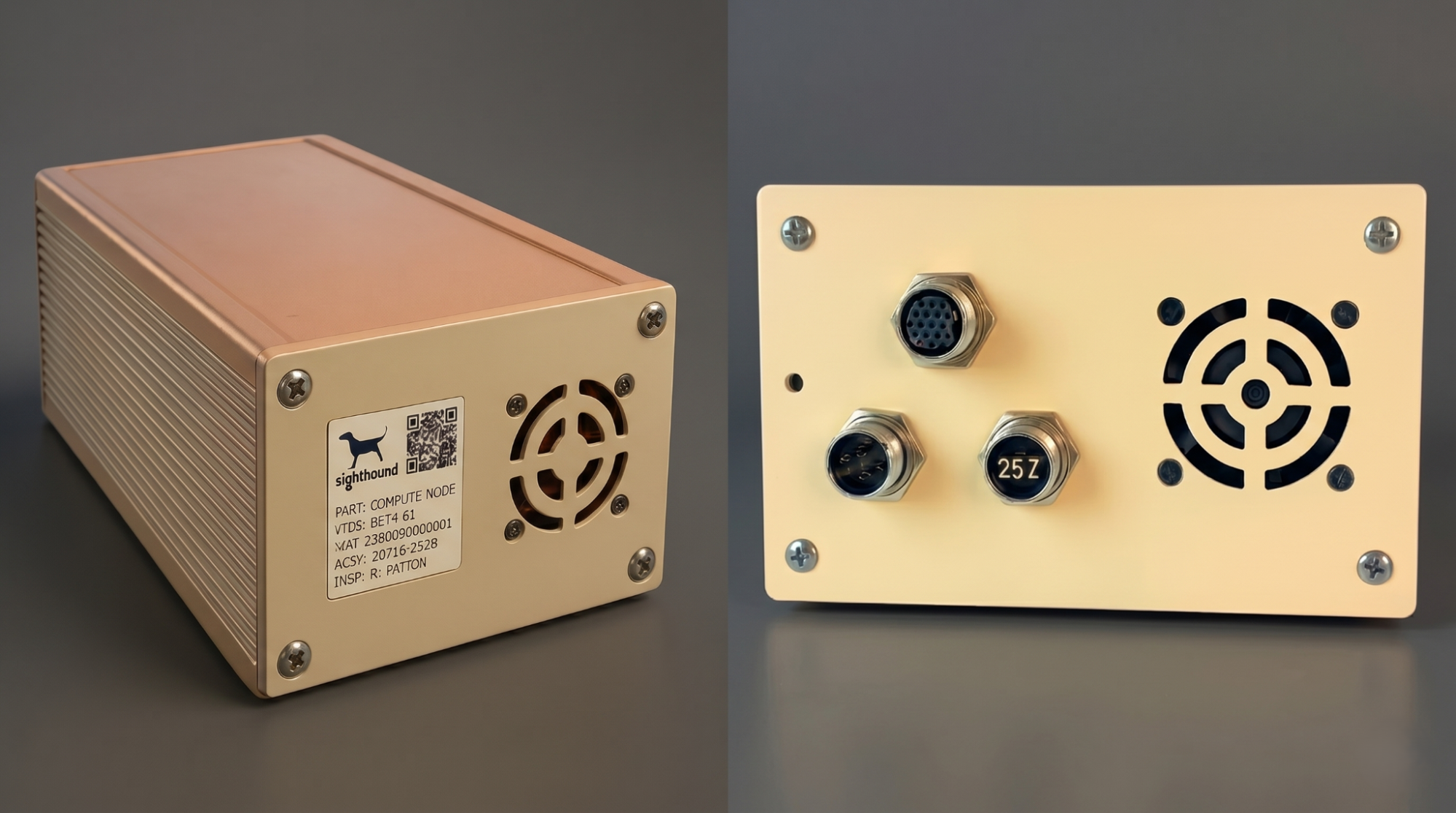 Sighthound compute node with a copper-colored top and a beige front panel, showing a fan vent, QR code, and detailed product information in a split-view image.