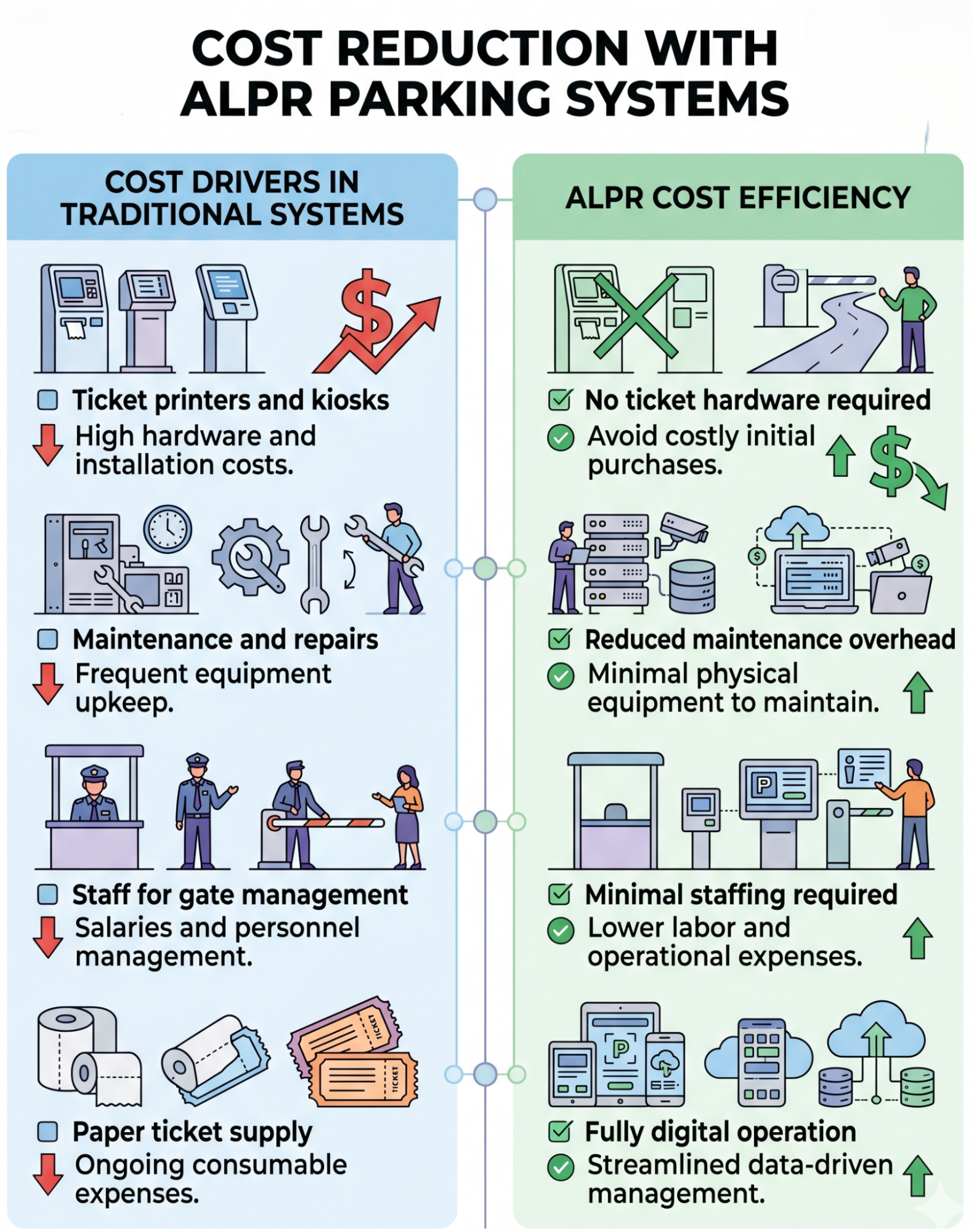 Visual infographic highlighting parking cost optimization. It contrasts the high overhead of traditional parking infrastructure with the streamlined, digital-first efficiency of Automatic License Plate Recognition (ALPR) technology.