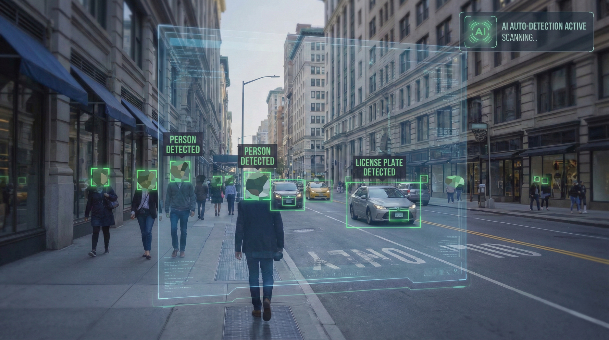 Computer vision software demonstration displaying 'Person Detected' and 'License Plate Detected' metrics on a busy urban street