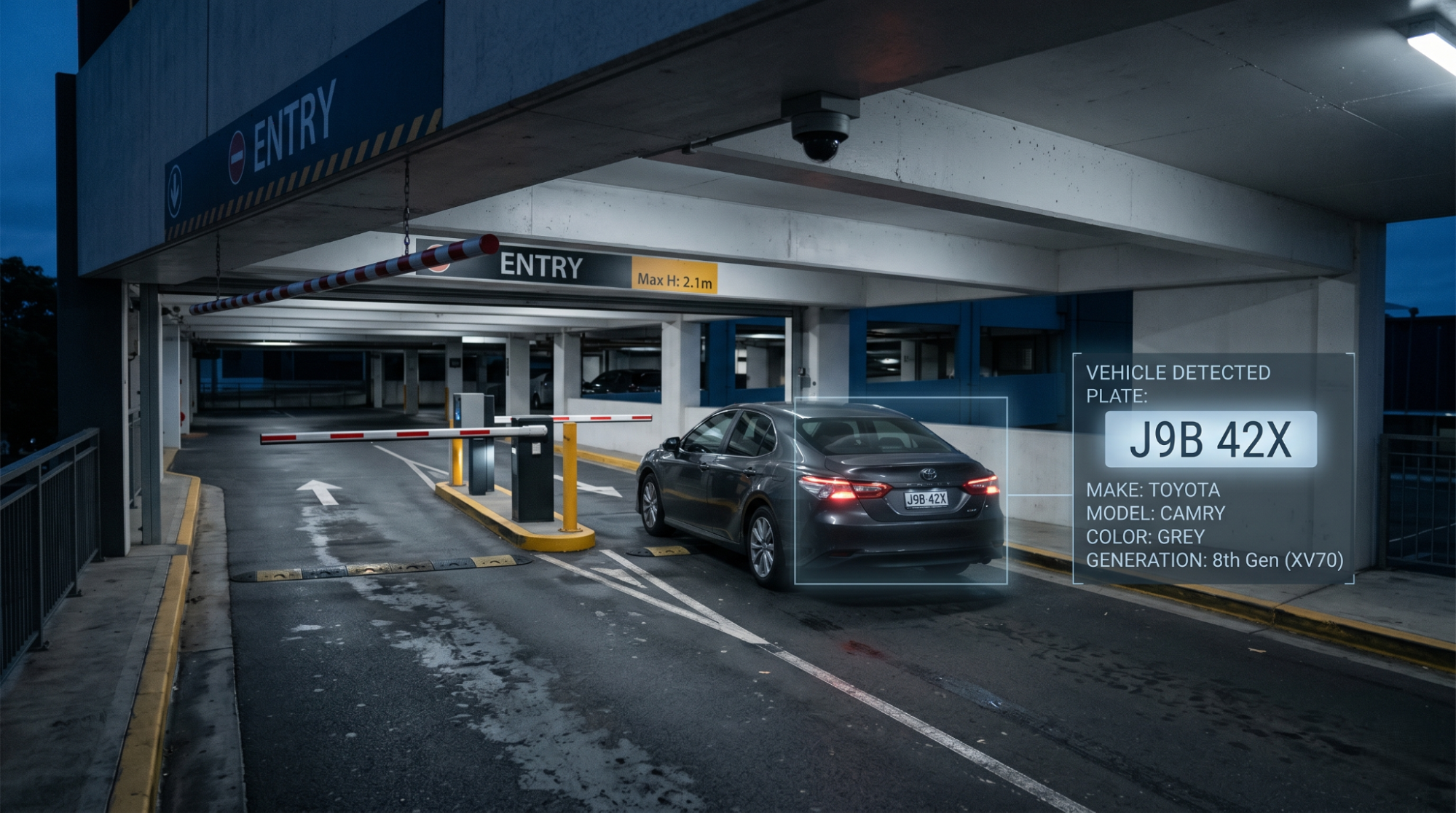 Parking entry camera reading a plate with a Sighthound ALPR+ make, model, color, and generation overlay. 