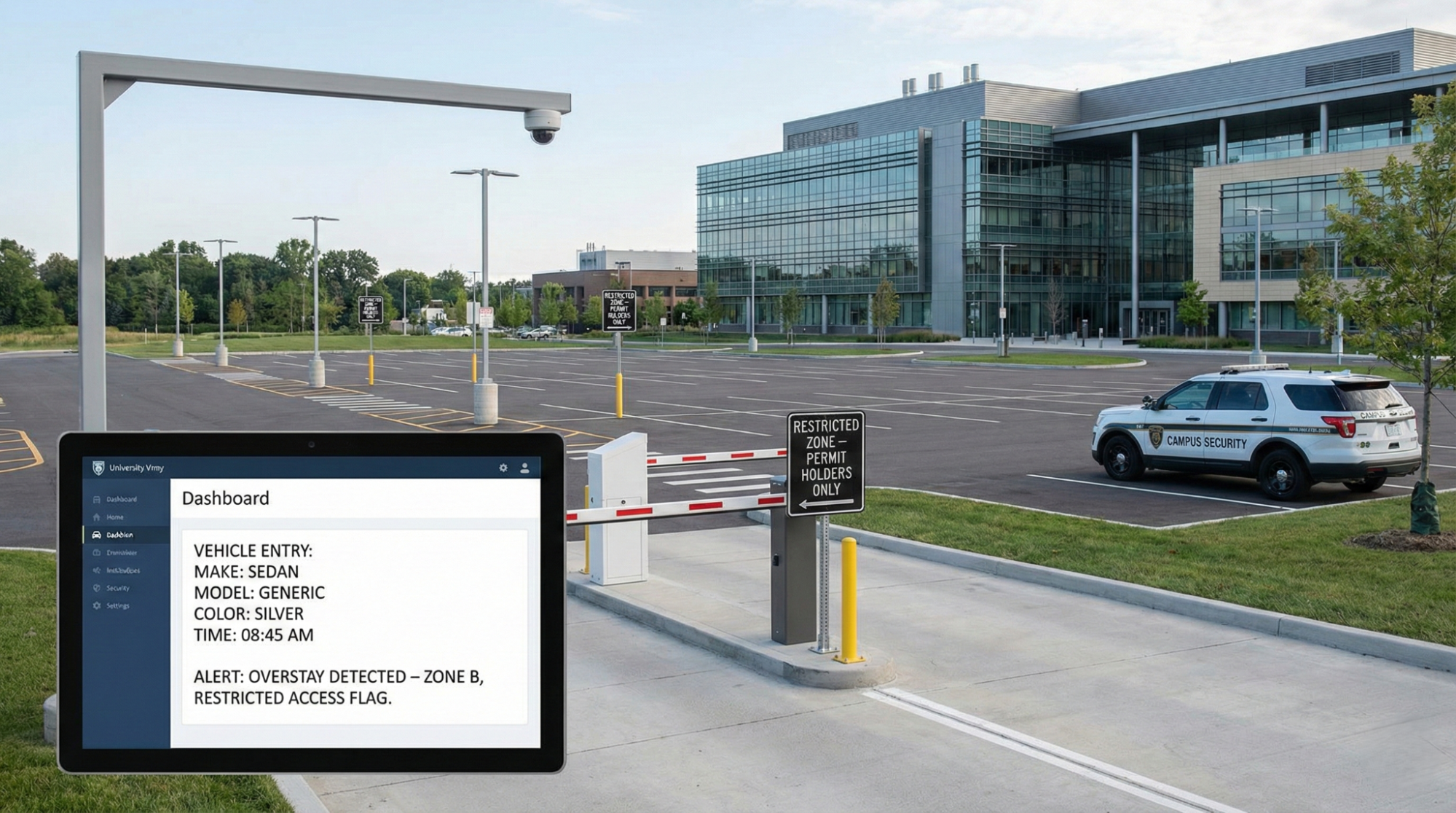 A tablet displaying a "Dashboard" alert for a vehicle overstay in a restricted zone, with a campus security SUV parked in a modern building’s parking lot in the background