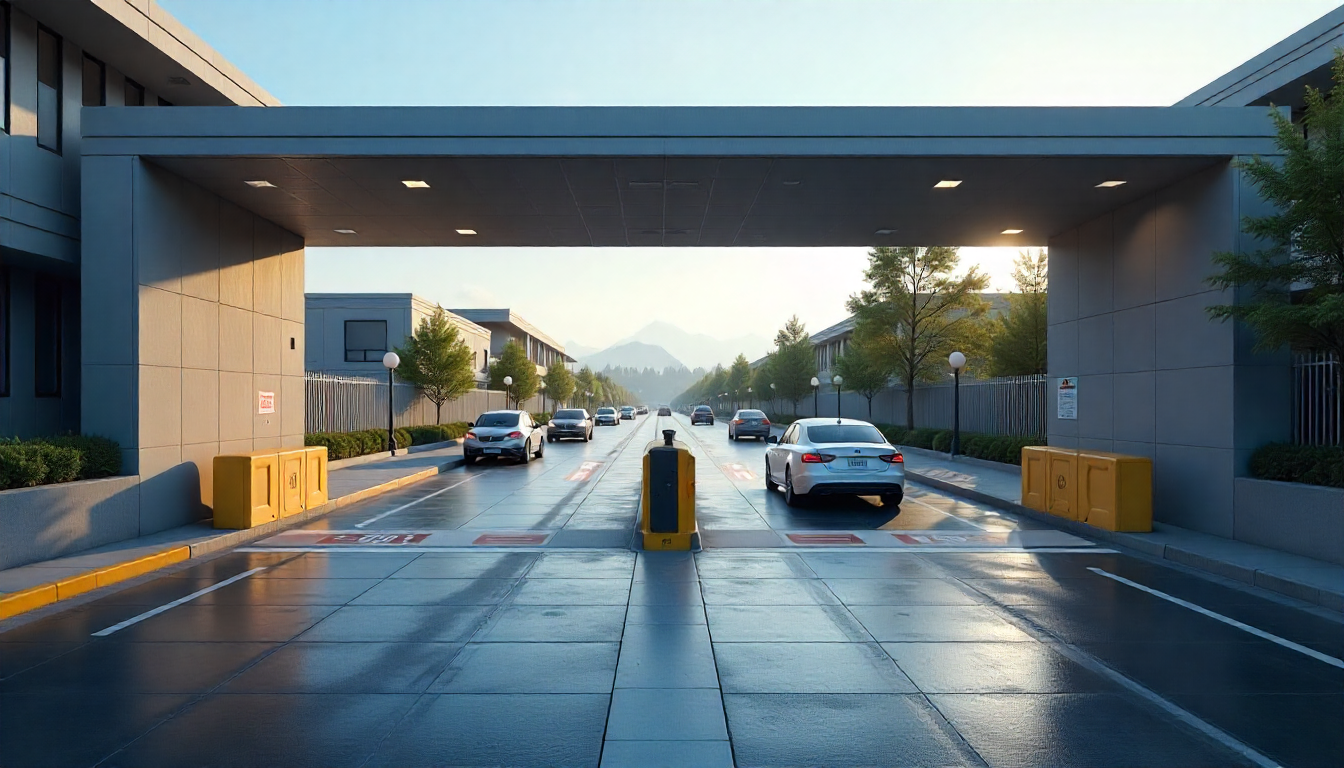 parking gate with automated ALPR barrier and edge compute hardware showing scalable multi-lane vehicle access control efficiency