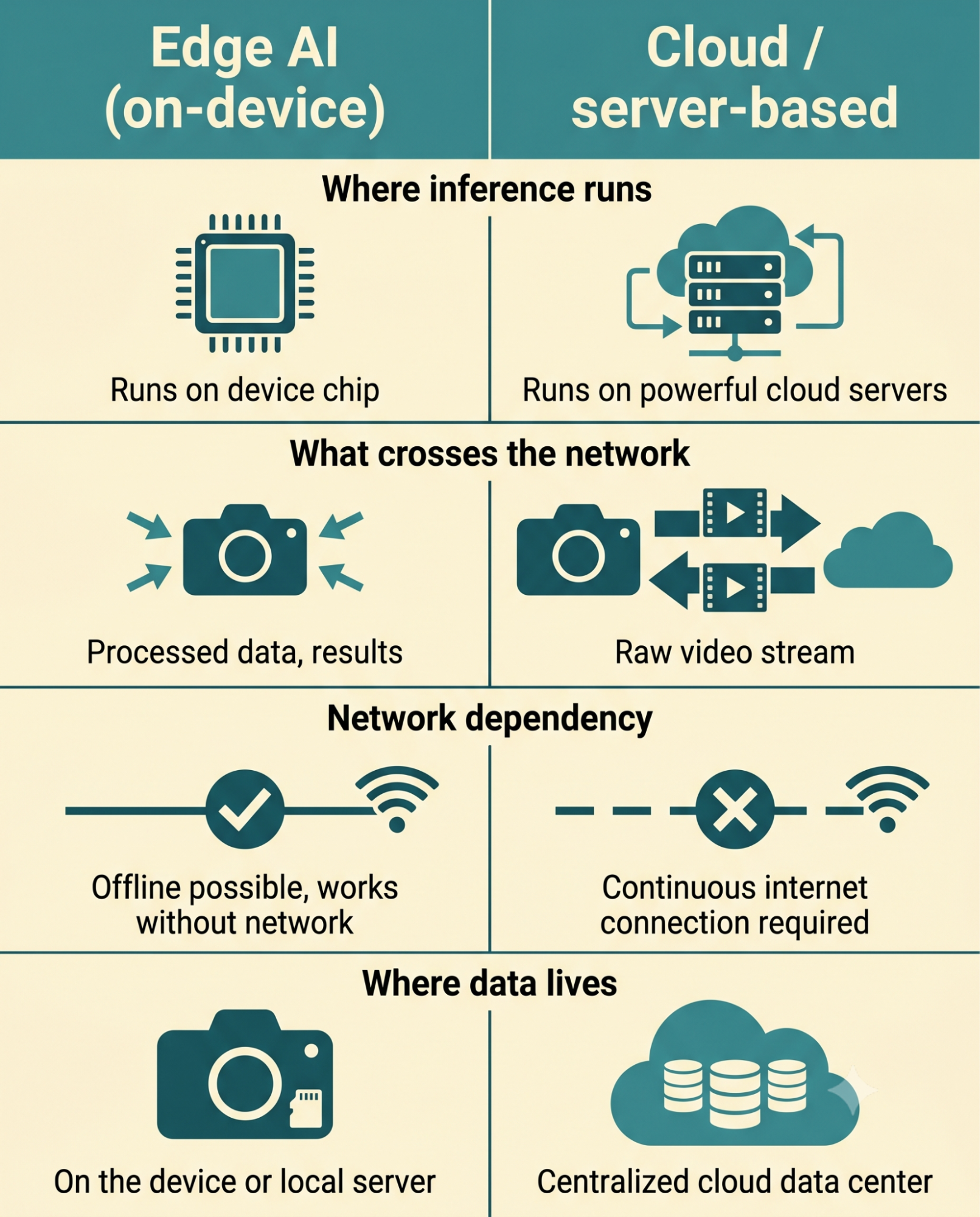 Infographic comparing edge AI and cloud video analytics across where processing runs and what data travels.