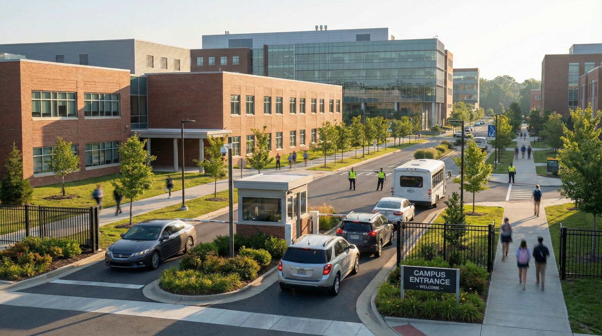 A wide-angle view of a modern campus entrance featuring a security gatehouse with cars, a white shuttle bus, and pedestrians walking past contemporary brick and glass buildings.
