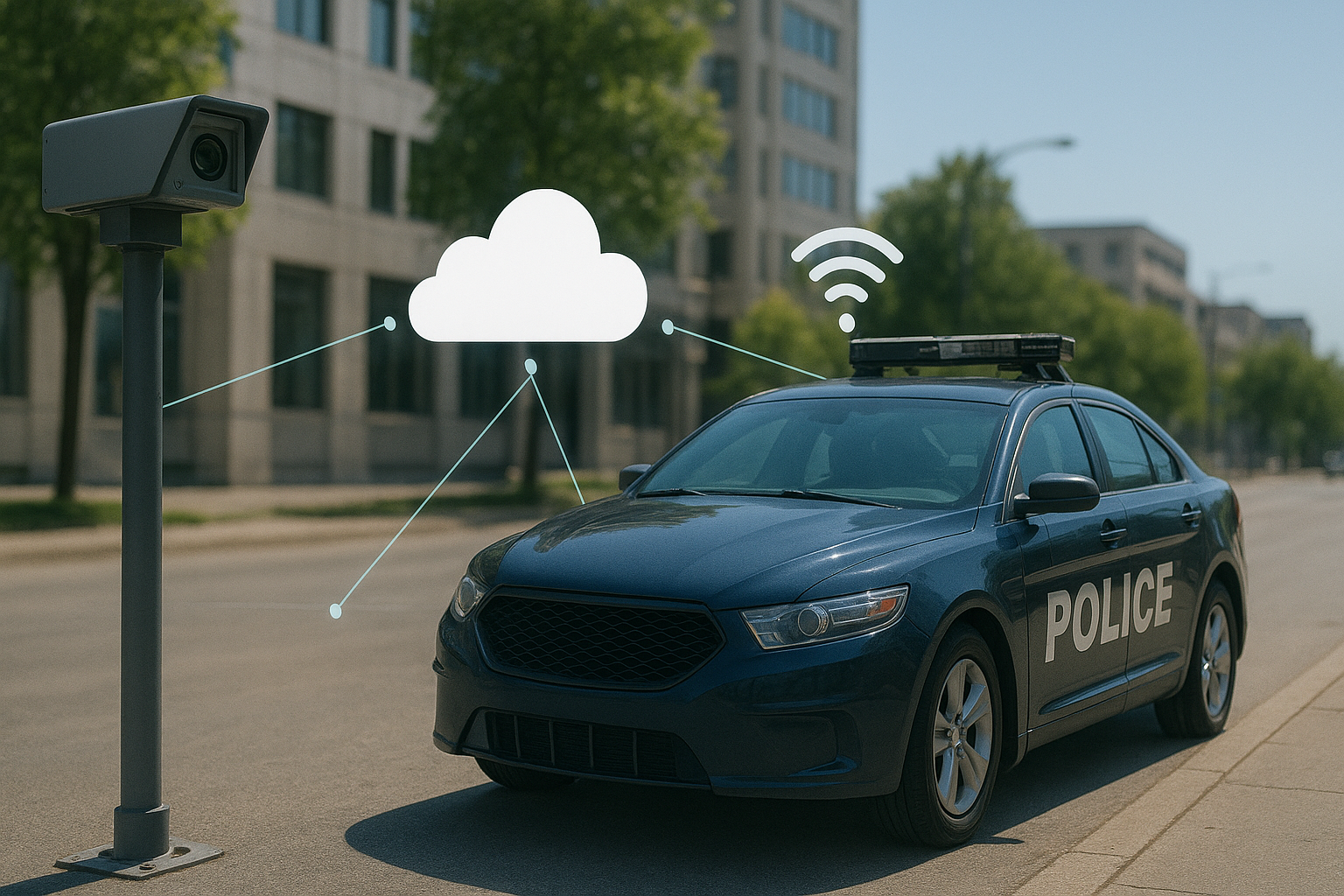 Hybrid ALPR setup showing fixed roadside camera and mobile patrol vehicle syncing data to cloud network for efficient bandwidth and storage management