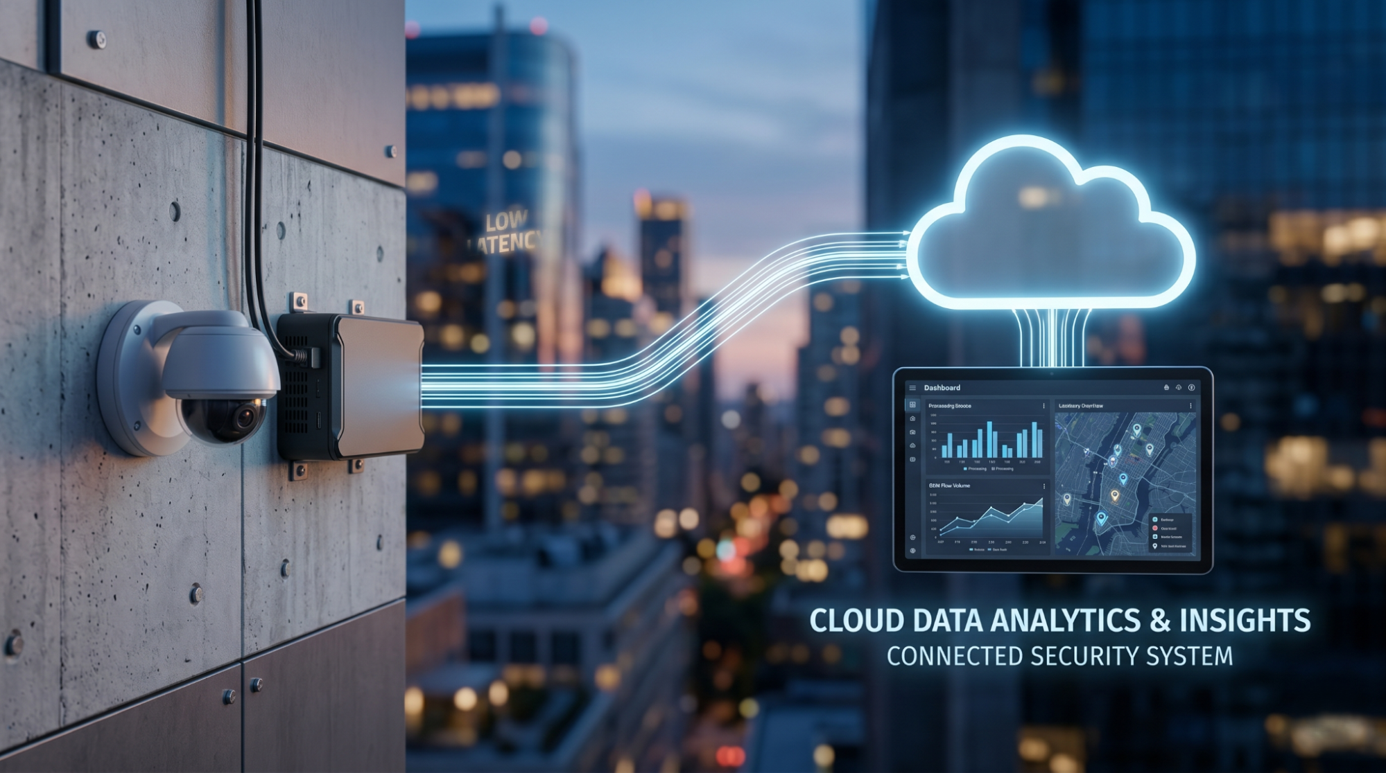 Diagram showing a physical security camera connecting via data flow lines to a cloud network icon for real-time analytics