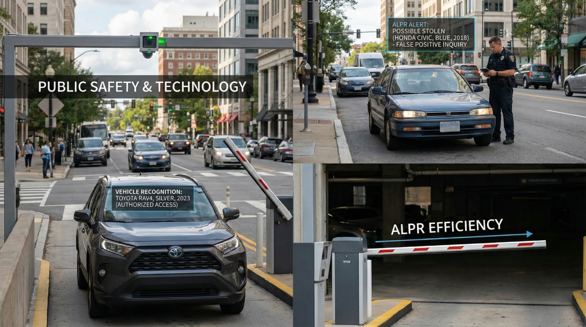 A collage illustrating public safety technology: a silver SUV receiving authorized access via vehicle recognition, a police officer investigating an ALPR stolen vehicle alert, and an automated gate demonstrating ALPR efficiency