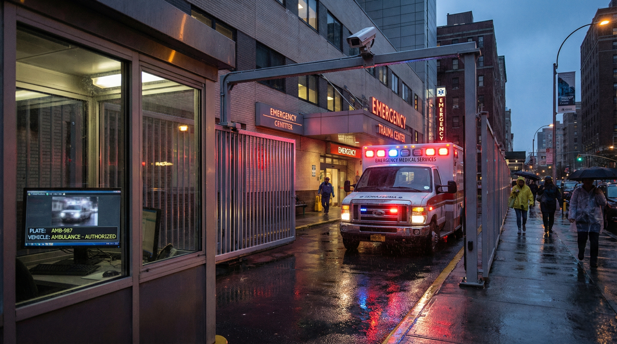 An ambulance with flashing lights arrives at a city hospital’s emergency trauma center entrance on a rainy evening, seen through an automated security gate.
