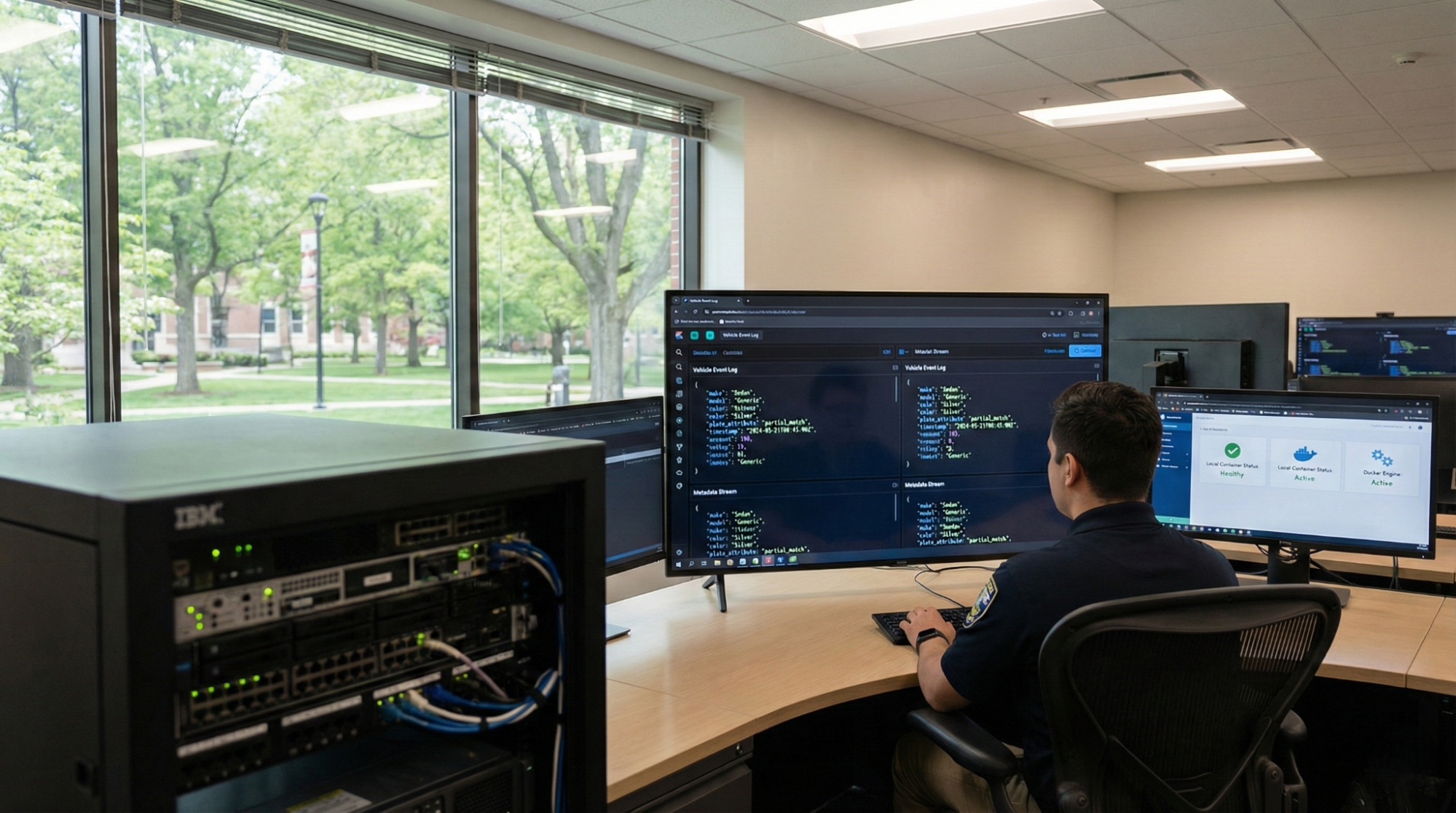 A security professional in a control room monitoring vehicle event logs and system health on multiple screens, positioned next to a lighted IBM server rack