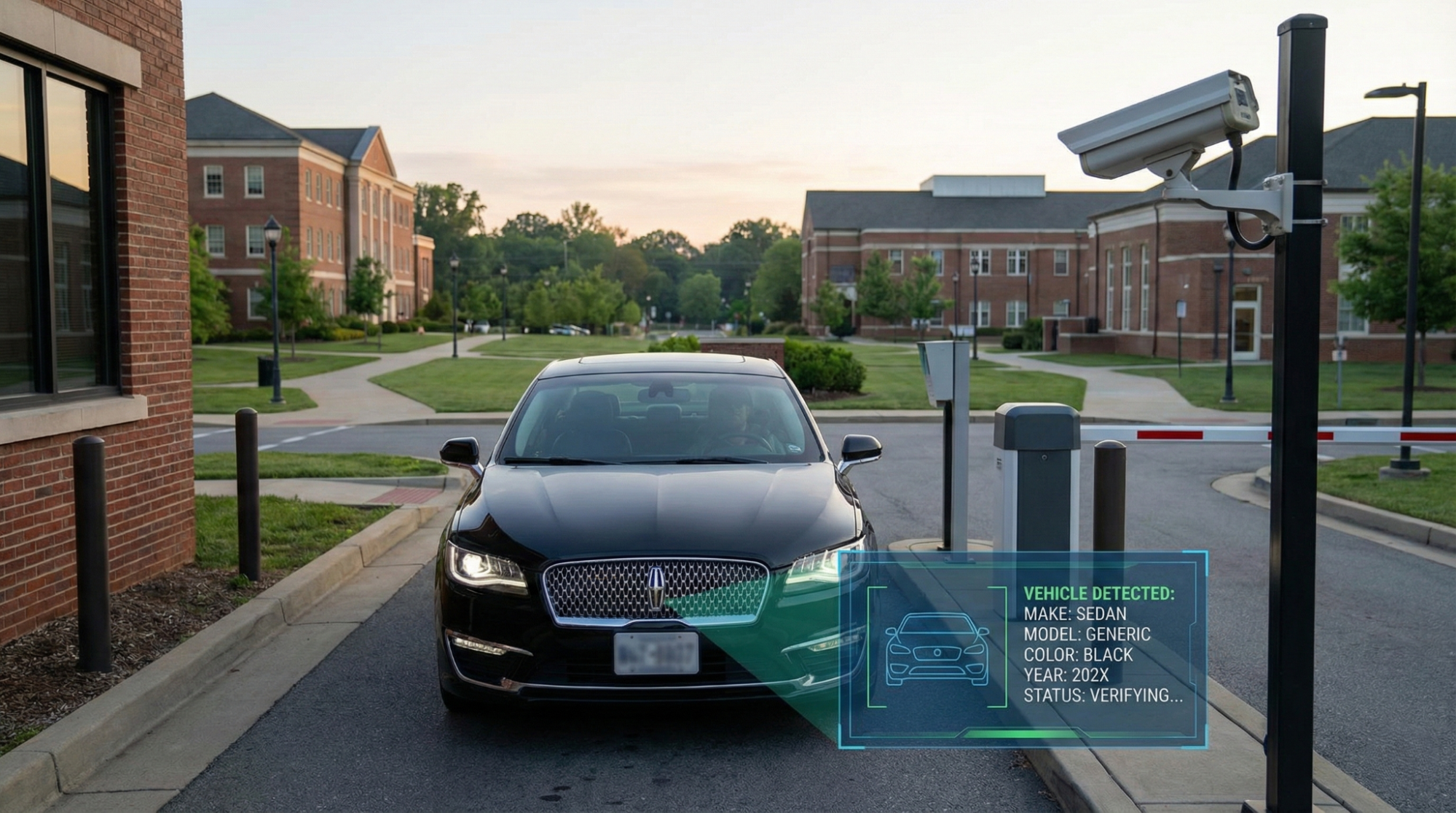 A black sedan at a campus gate being analyzed by an AI system that displays vehicle attributes like make, color, and year on a digital HUD overlay