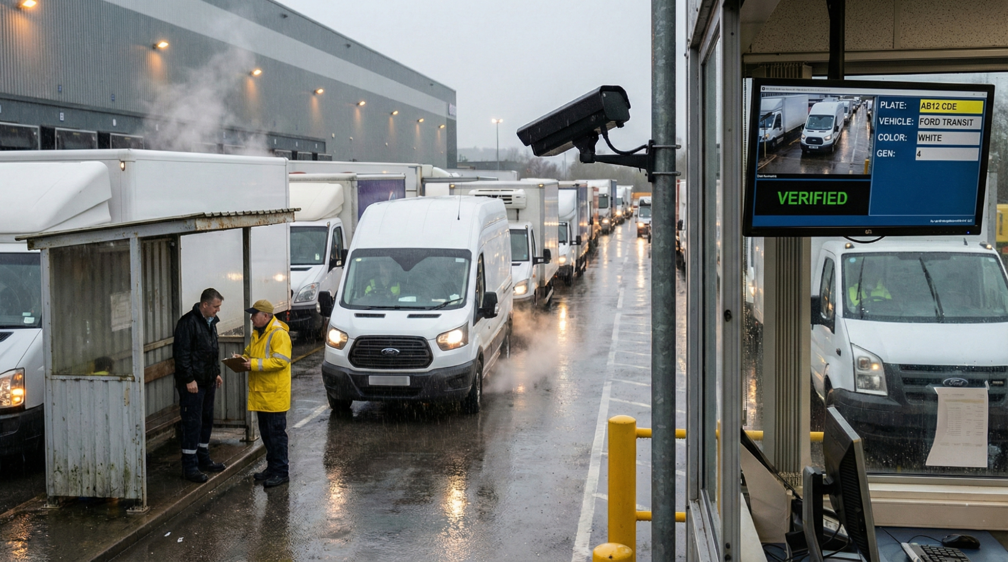 Security gate at a busy logistics distribution center featuring an ANPR screen displaying 'Verified' status for a white Ford Transit van, with a security guard checking paperwork in rainy weather