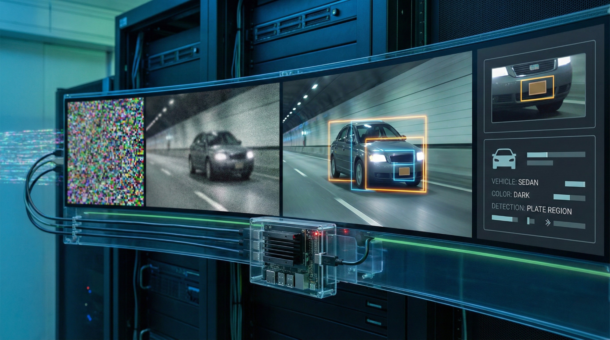 ALPR inference pipeline visual showing raw pixel data transforming into structured vehicle detection with plate and attribute markers on edge device processing
