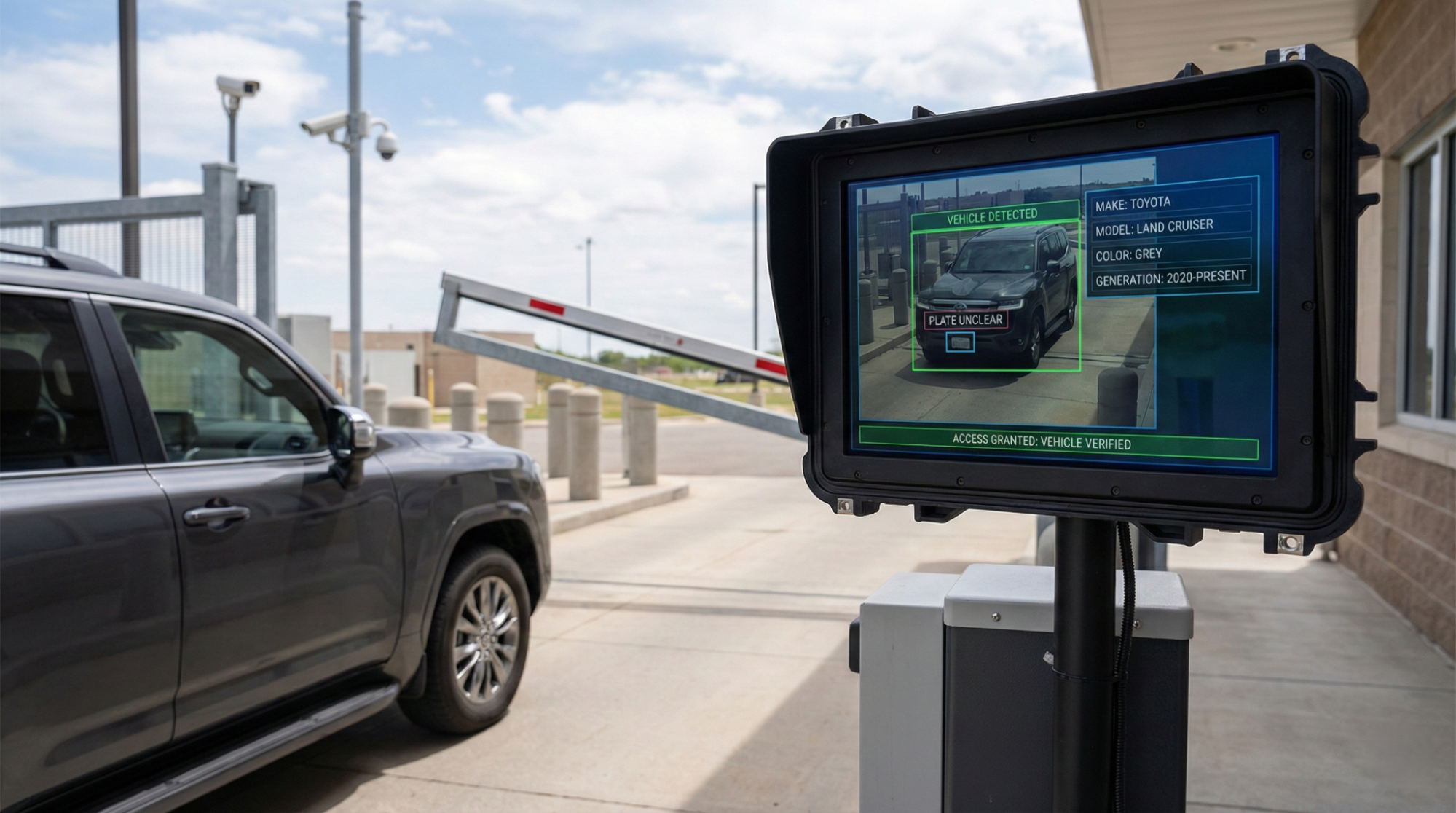 A grey Toyota Land Cruiser at a security gate being scanned by an automated vehicle recognition system that displays vehicle make, model, and "Access Granted" on a digital monitor.