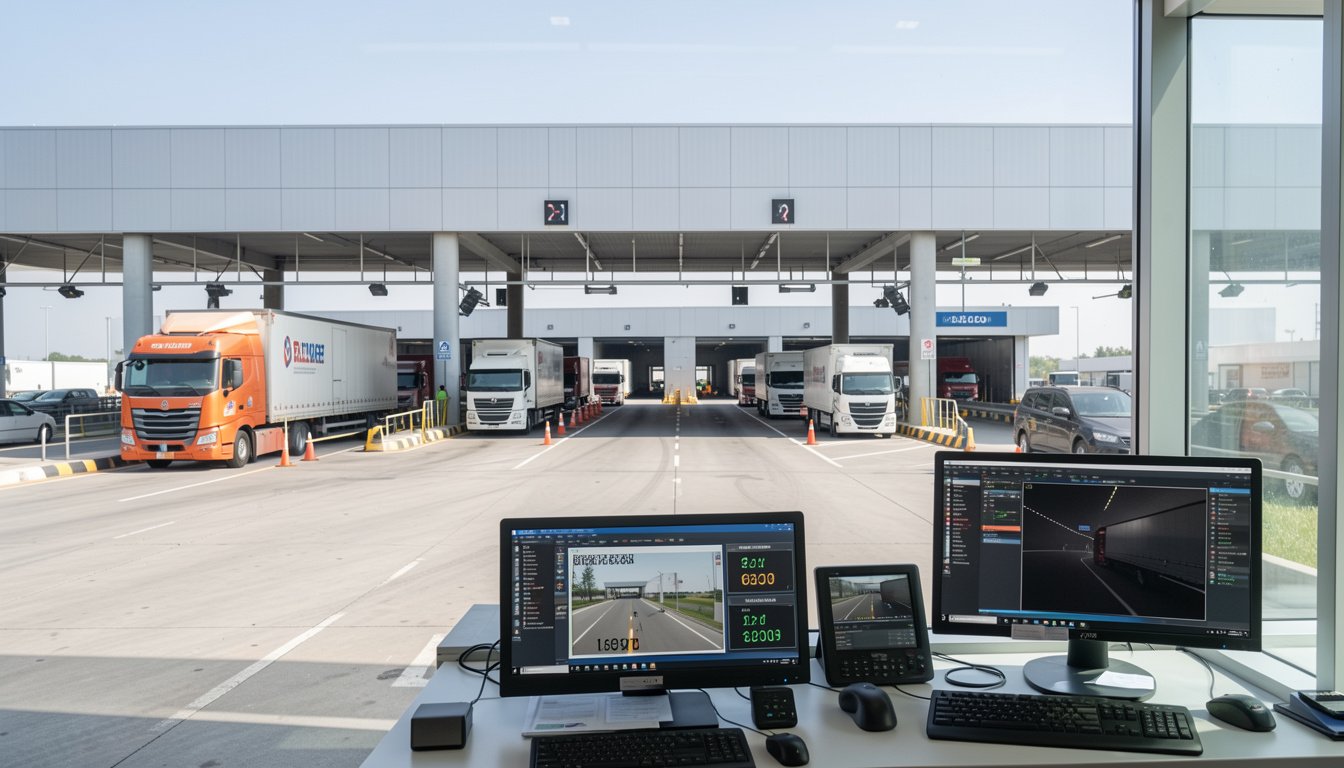Logistics dashboard and surveillance interface on control room monitors tracking truck traffic at a large distribution hub entrance