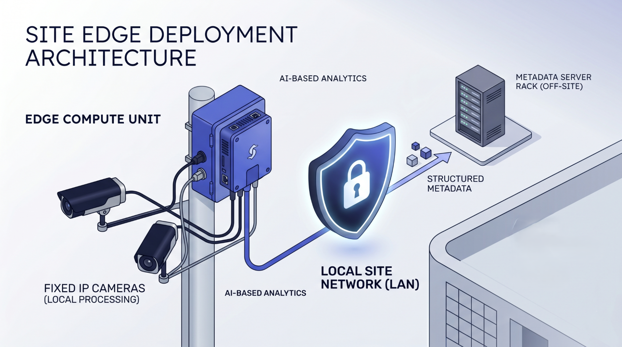 Edge compute device connected to fixed IP cameras, processing vehicle data on the local network. Two hardware paths cover most setups.