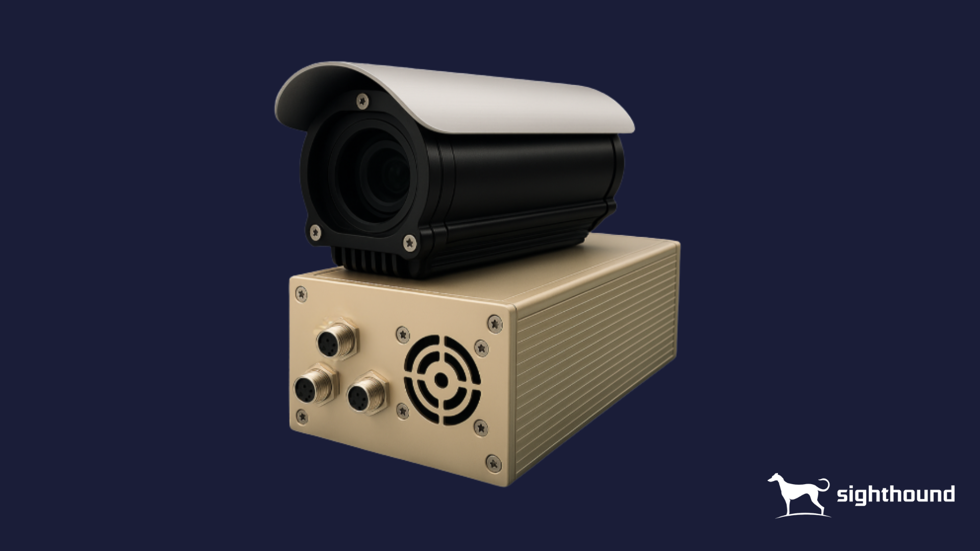 Sighthound AI-powered security camera system with bullet camera and processing unit featuring a heat sink design for intelligent video surveillance