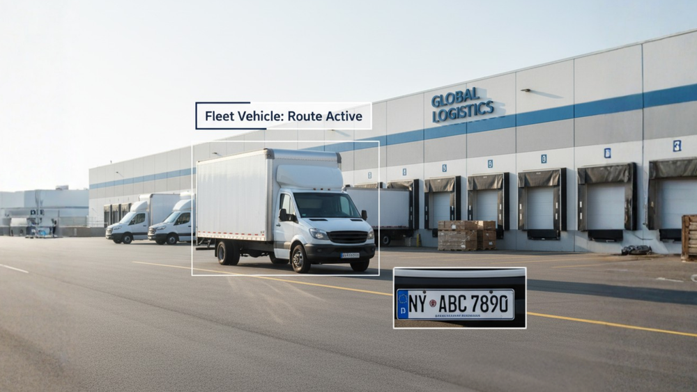 Commercial vehicles at a logistics facility