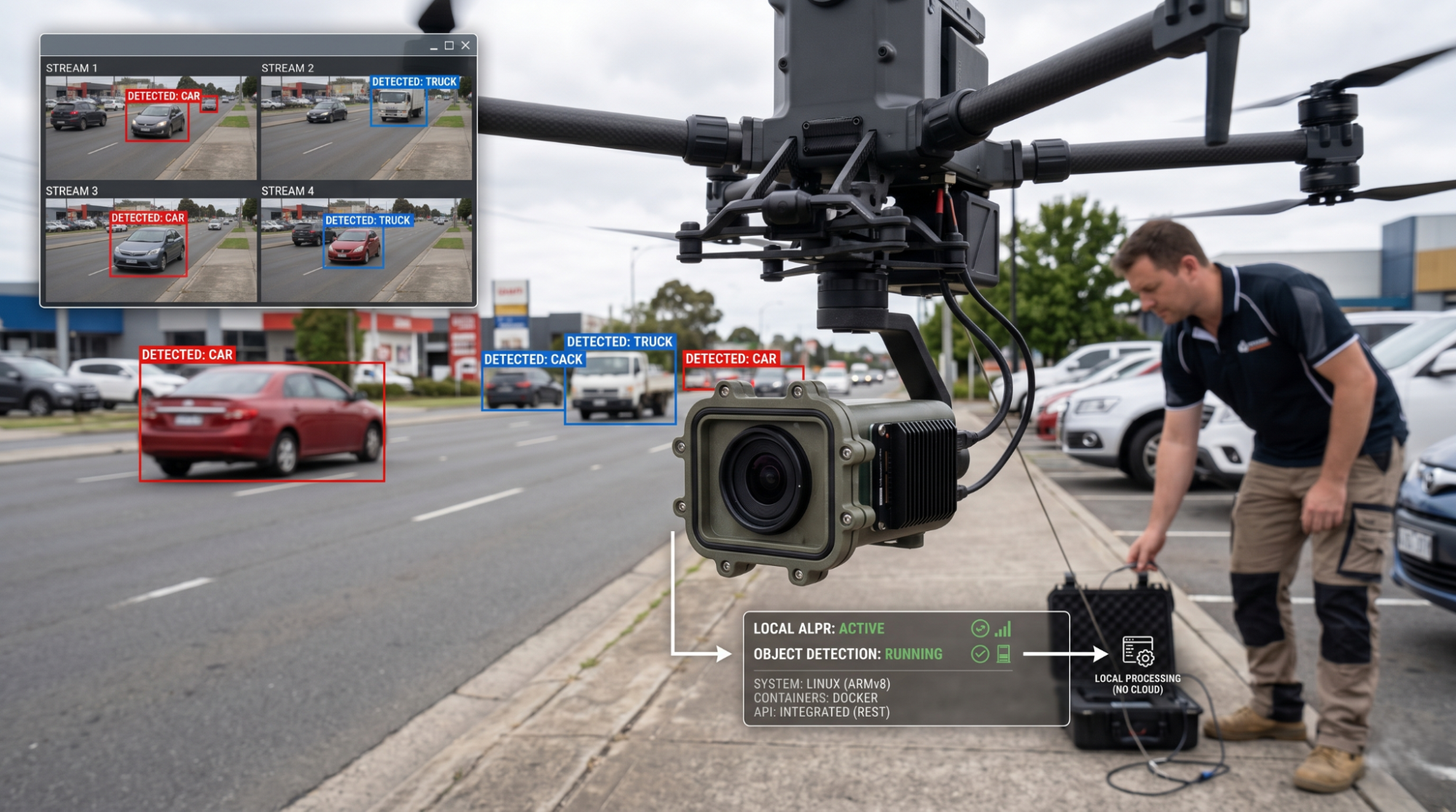 A technical breakdown of a drone's onboard AI system. An engineer works on a drone equipped with a localized camera system running Linux ARMv8 and Docker containers for real-time object detection and Local ALPR, labeled "Local Processing (No Cloud)