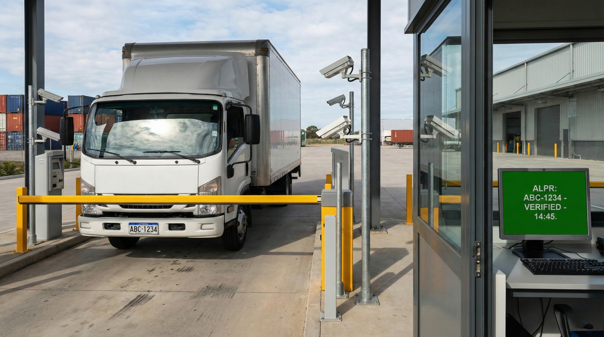 ALPR software interface on a security monitor confirming license plate verification for a delivery truck at an automated warehouse gate access point