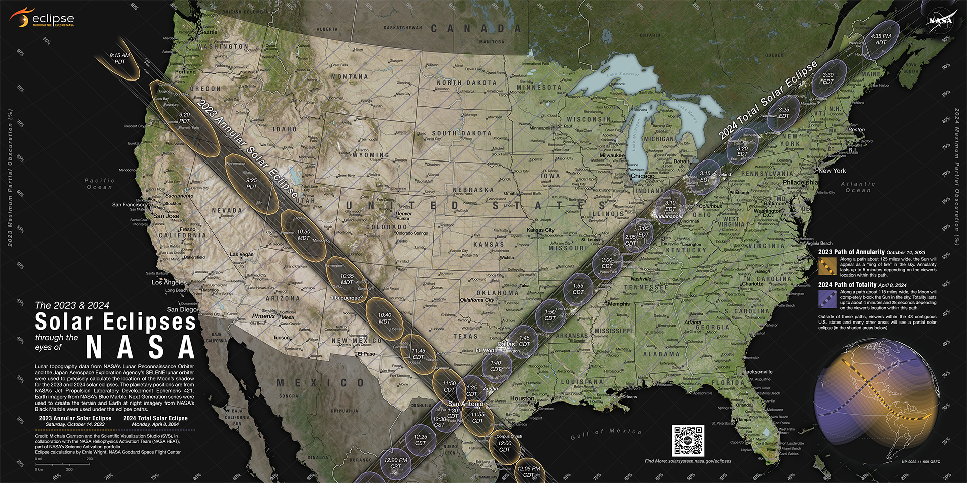 Map of the US showing the paths of the 2023 and 2024 eclipses