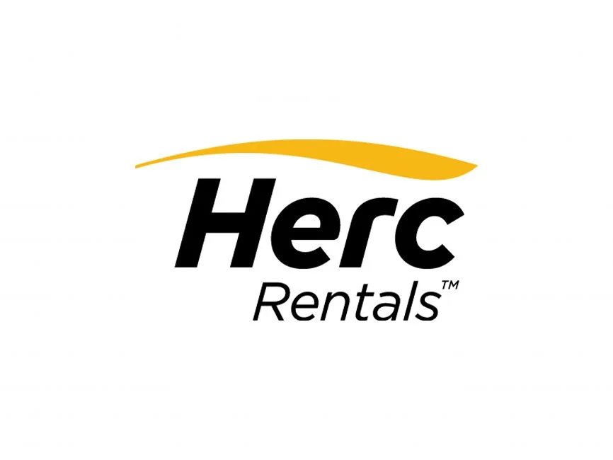 Herc Rentals logo with black text and a yellow swoosh above the word 'Herc' with 'Rentals' written underneath.