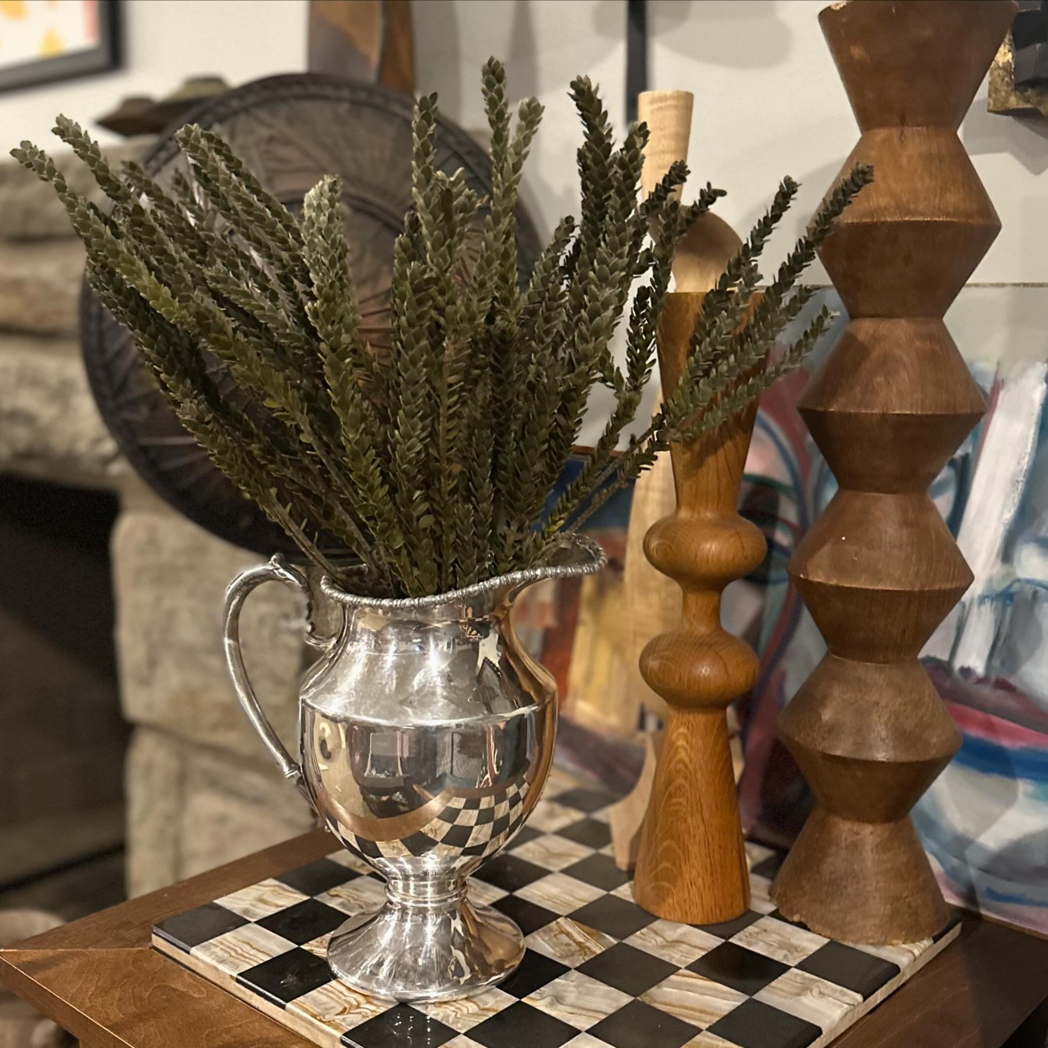 I&rsquo;ll never say So Long London - good English silverplate is so versatile and often overlooked. And I can&rsquo;t get enough. This pitcher could be styled a million different ways.
Pitcher - $40
Wood Sculptures - $75 each