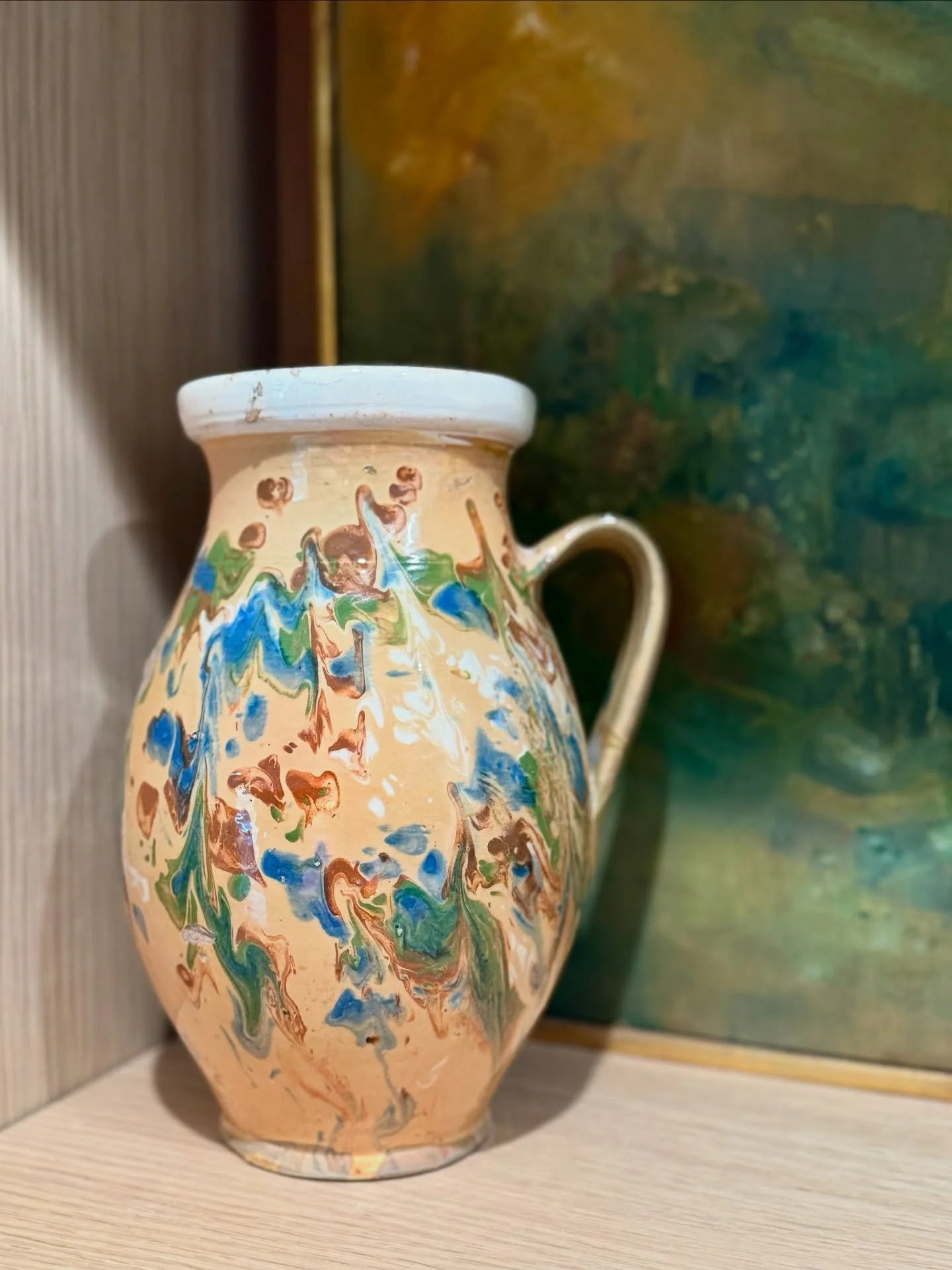 Giving old world without being too primitive - when I saw this piece in Maine, I gasped!! 
Marbled slip pitcher - SOLD