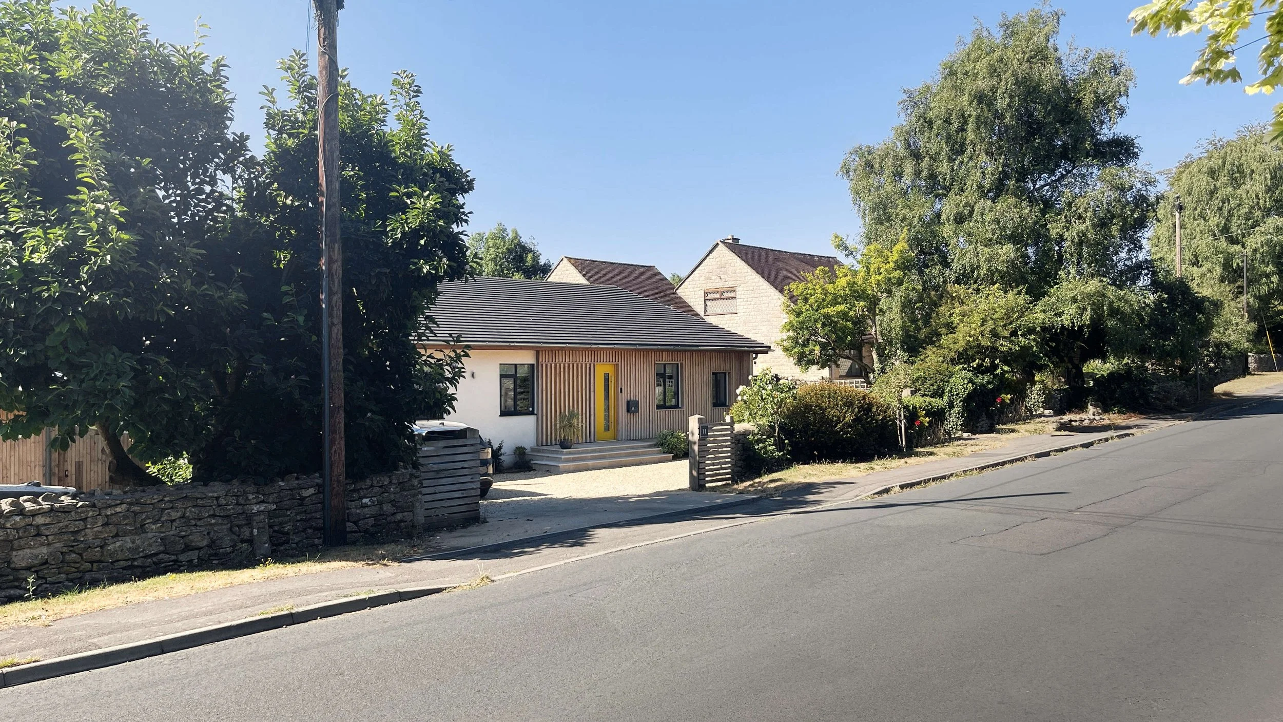 The street view on approach to the transformed bungalow in Winsley