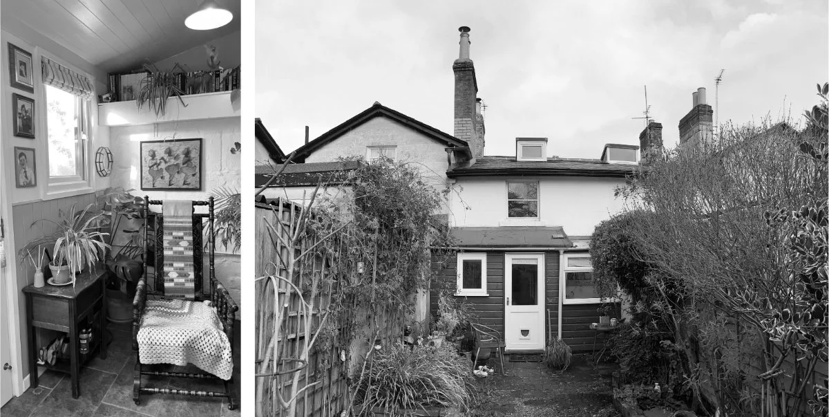 rear elevation photo of timber clad lean-to structure on a grade 2 listed Bath Stone terraced house before renovation in Trowbridge, alongside an internal photo of the space showing the owners furniture and artefacts used to decorate the space.