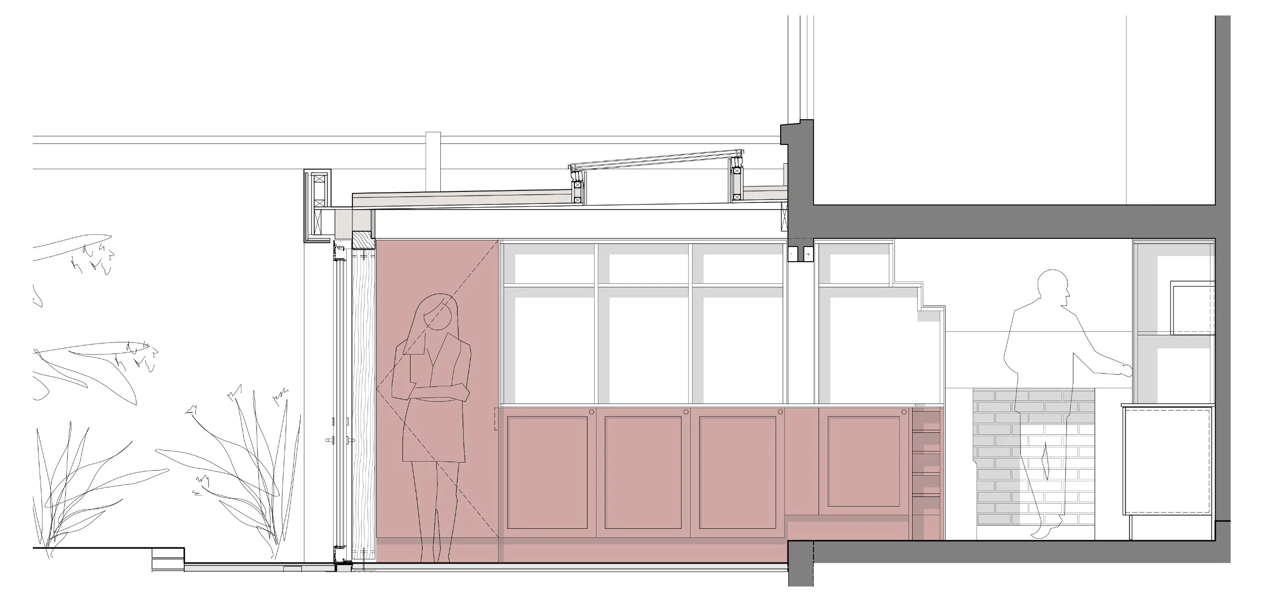 Architectural section showing how bespoke joinery connects the original kitchen with the new garden extension and the position of a rooflight over the space between