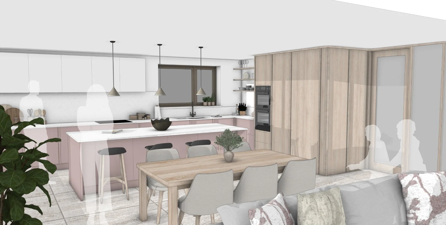 Internal visual of kitchen space with its pink colour scheme, stone topped kitchen island and feature pendant lighting. 