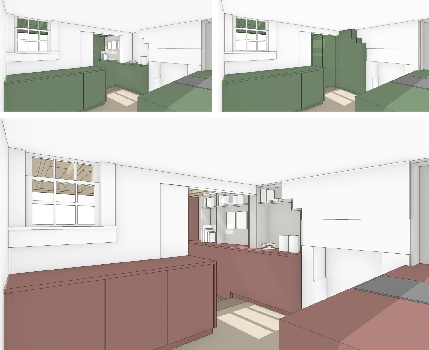 Digital model showing the relationship between the existing kitchen, bespoke joinery and the new garden extension