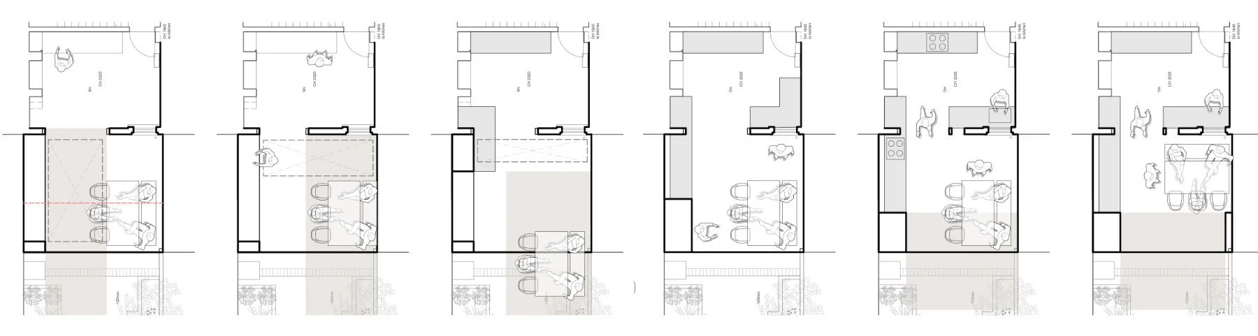 A series of floor plan layout options tested at the concept design stage exploring access, furniture and rooflight configurations