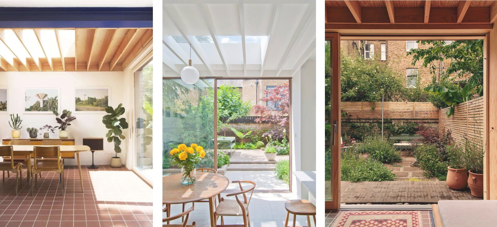 Interior design precedent image for new rear extension to listed building testing ideas of exposed timber frame roof and cobbled floor finishes used to connect the inside with the garden beyond - blurring boundary between inside and out.