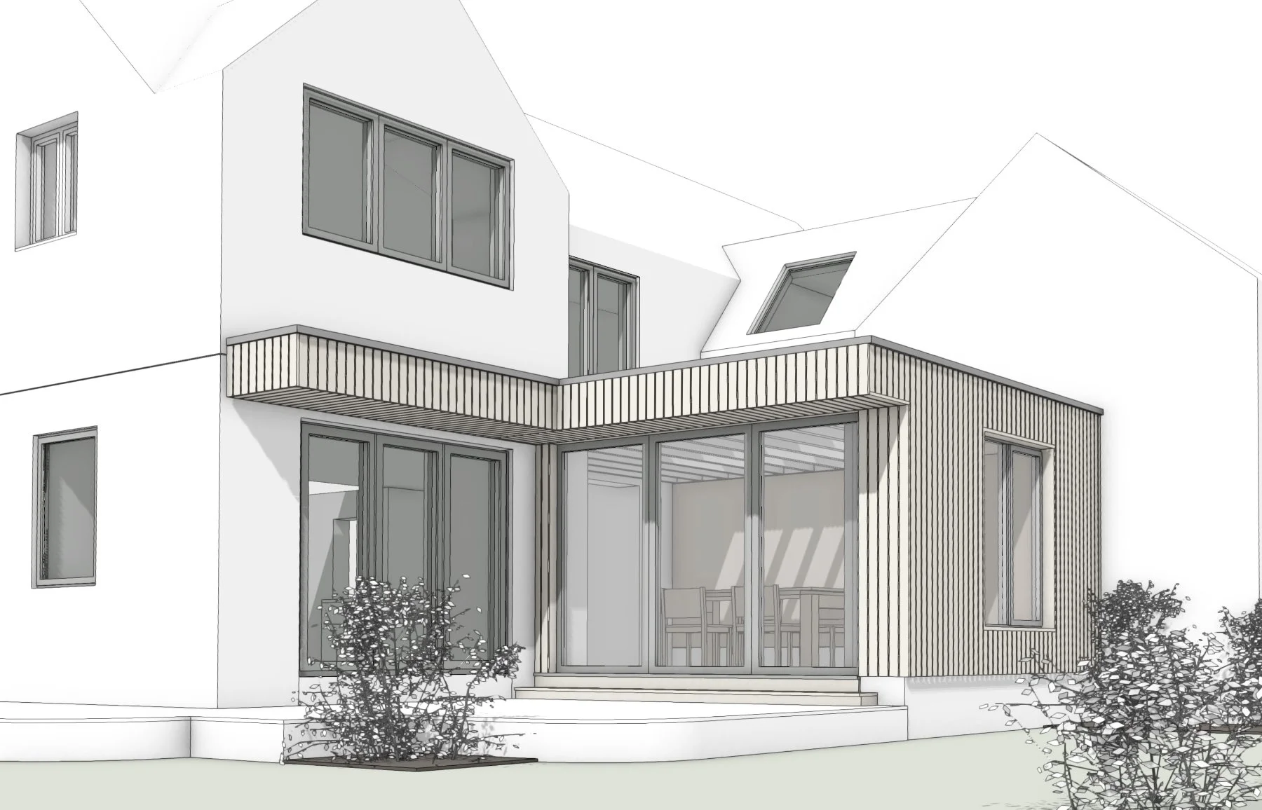 rear extension with larch timber rain screen cladding and folding sliding doors to dining room
