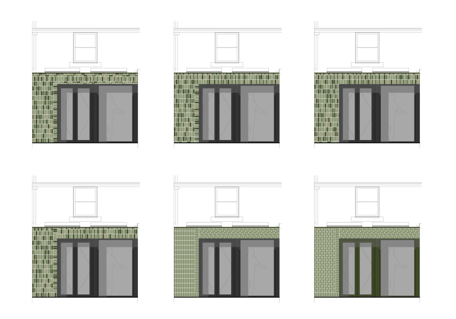 Proposed Elevation studies - finding our rhythm and weave within the glazed green tile cladding of the rear extension to the Grade 2 listed building in Trowbridge.
