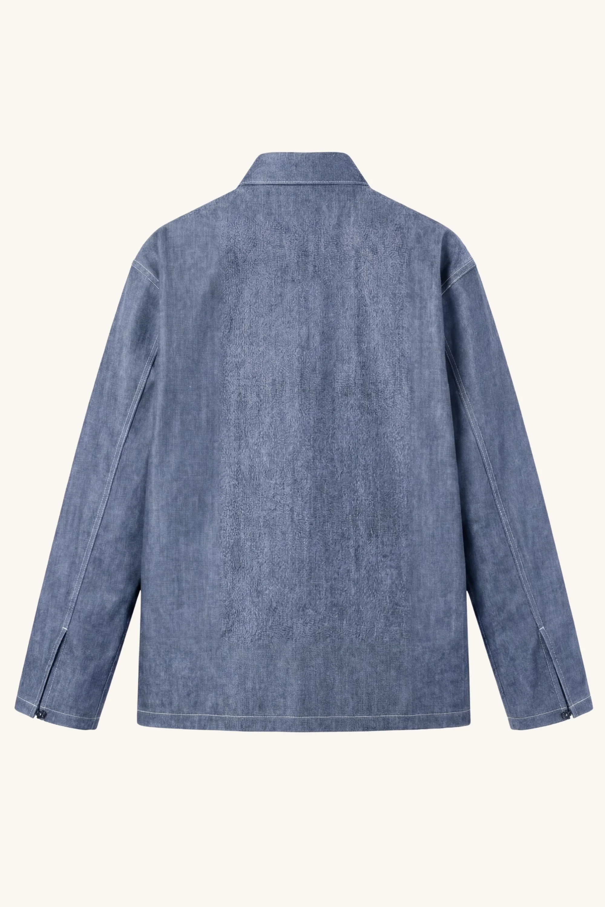 Back view of cotton chambray pullover shirt with straight hem and long sleeves