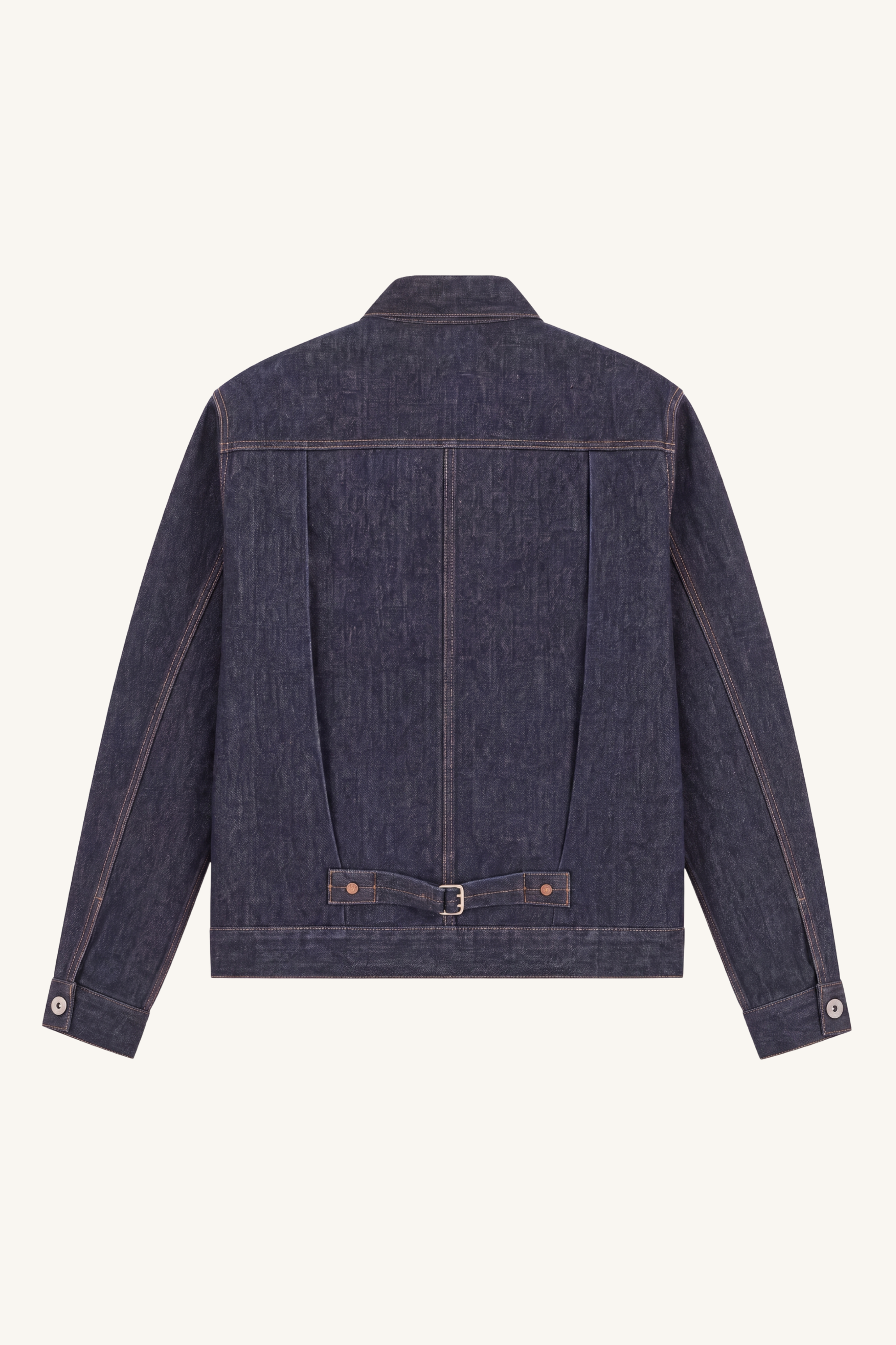 Back view of selvedge denim work jacket with pleated t-back and cinch buckle