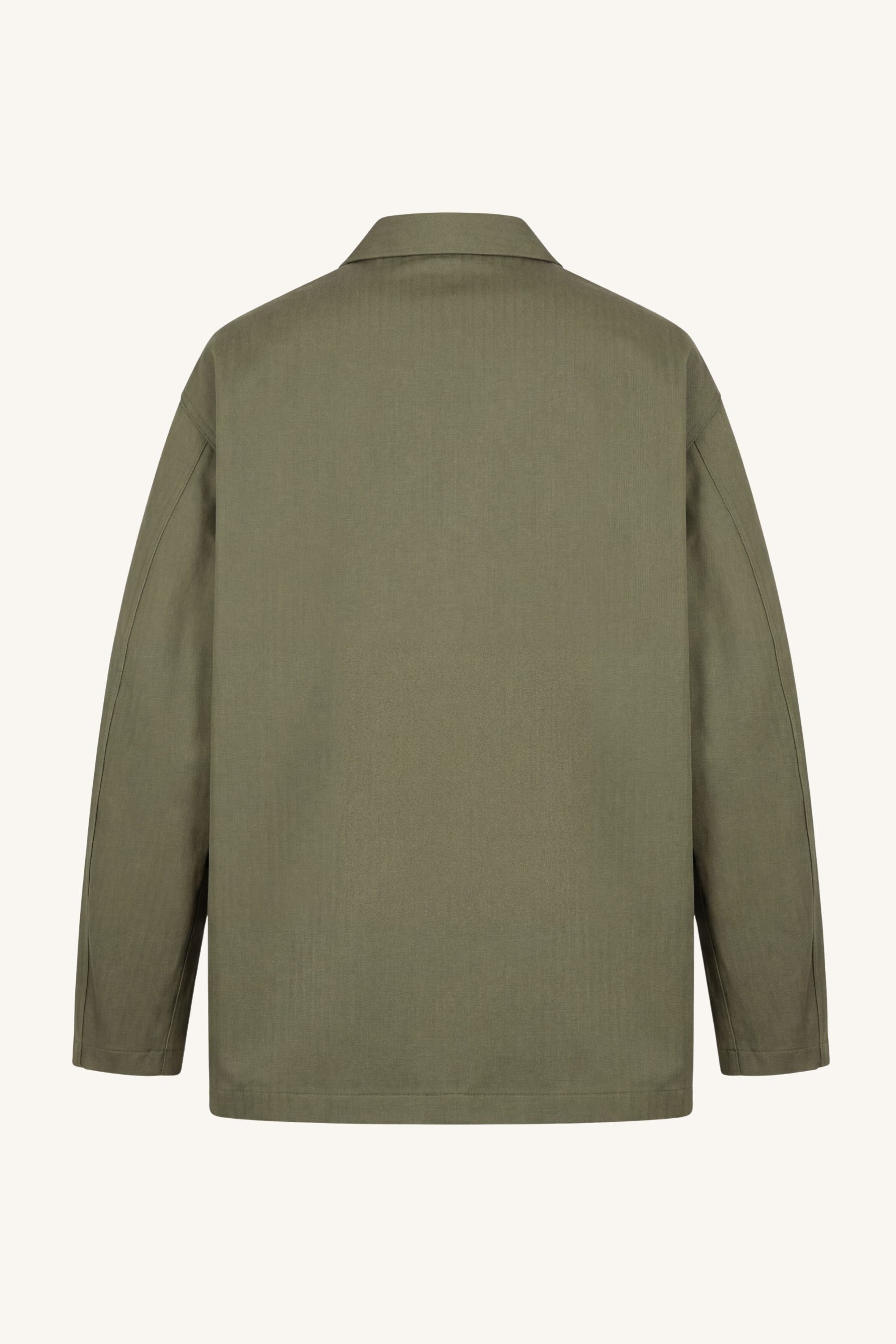 [ko'lon] Back view of Type HBT cotton herringbone twill overshirt showing straight back panel and collar
