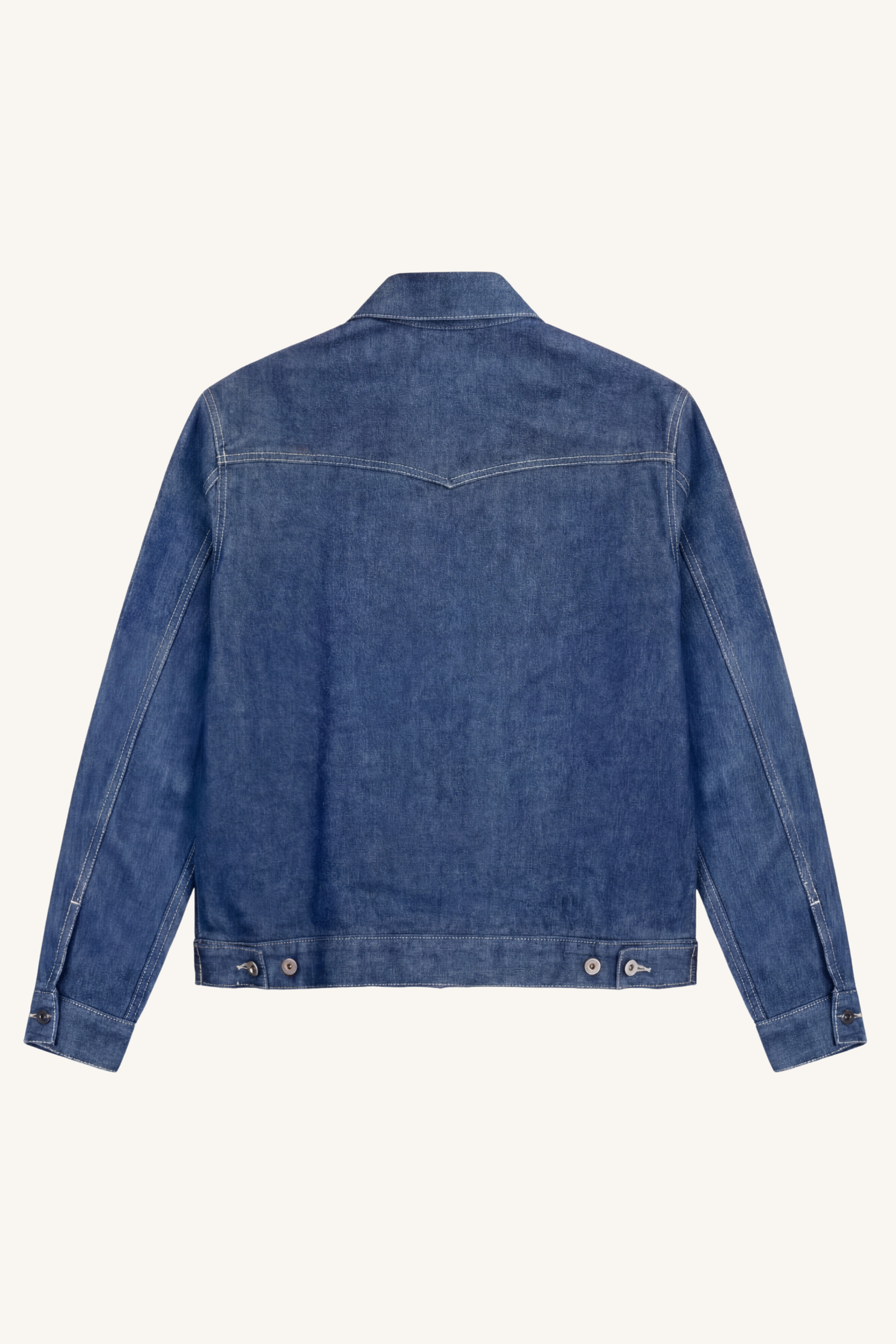 Back view of [ko'lon] Houston western selvedge denim jacket featuring clean western back design, boxy vintage silhouette, and durable denim construction