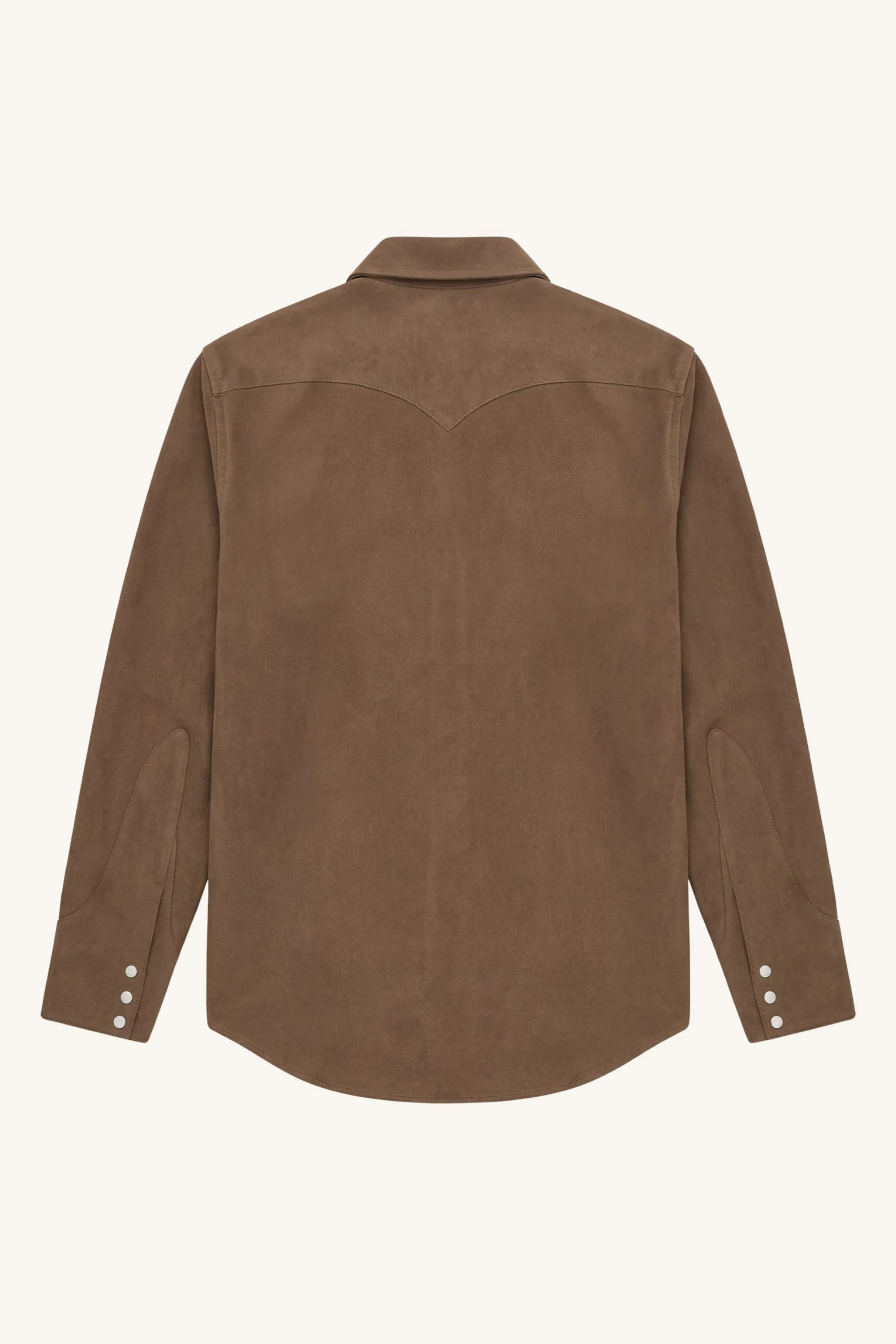 Back view of the Moleskin Western Shirt showing rear western yoke and straight hem.