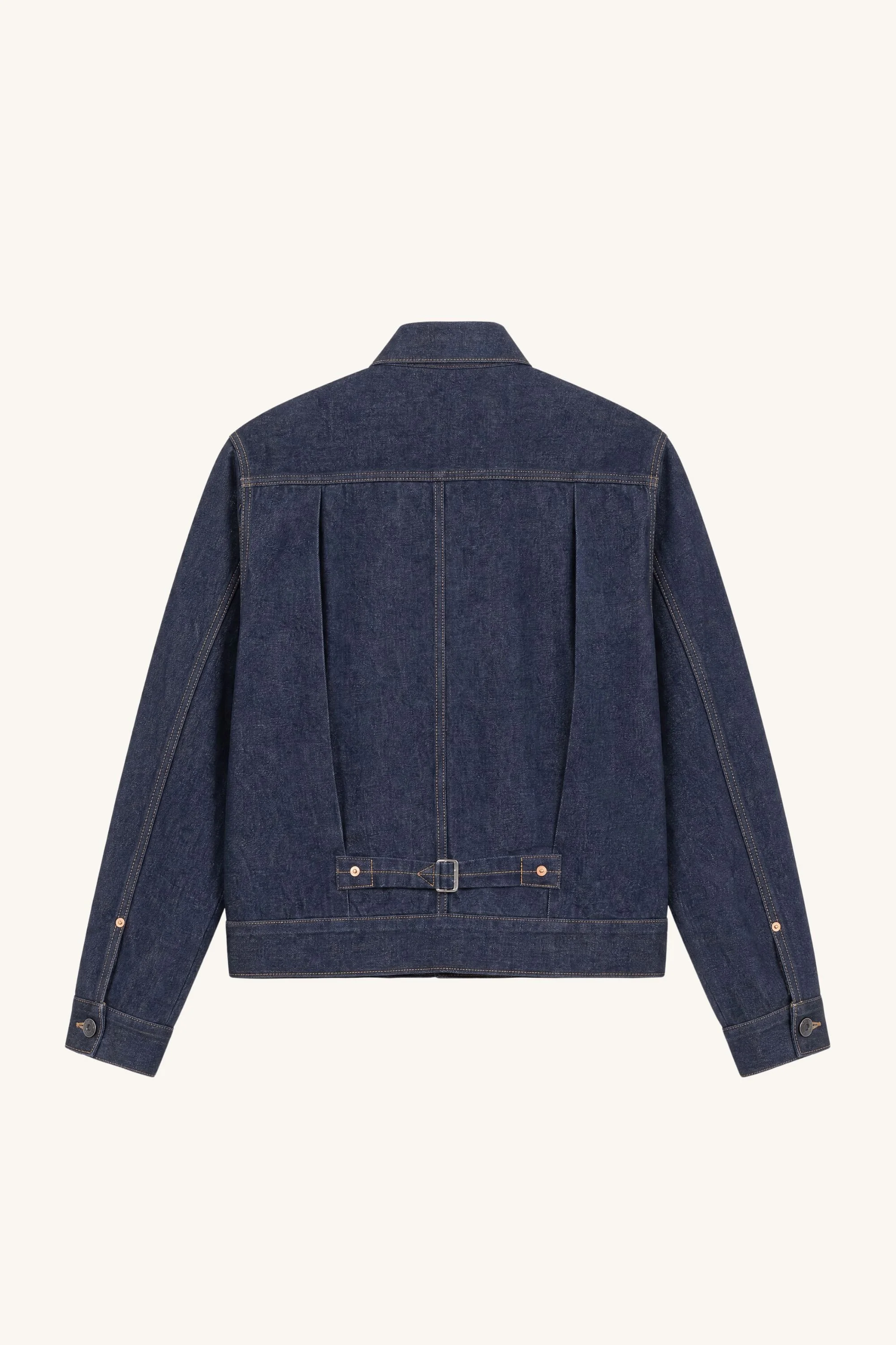 Back view of selvedge denim jacket with pleated T-back and adjustable waist cinch detail