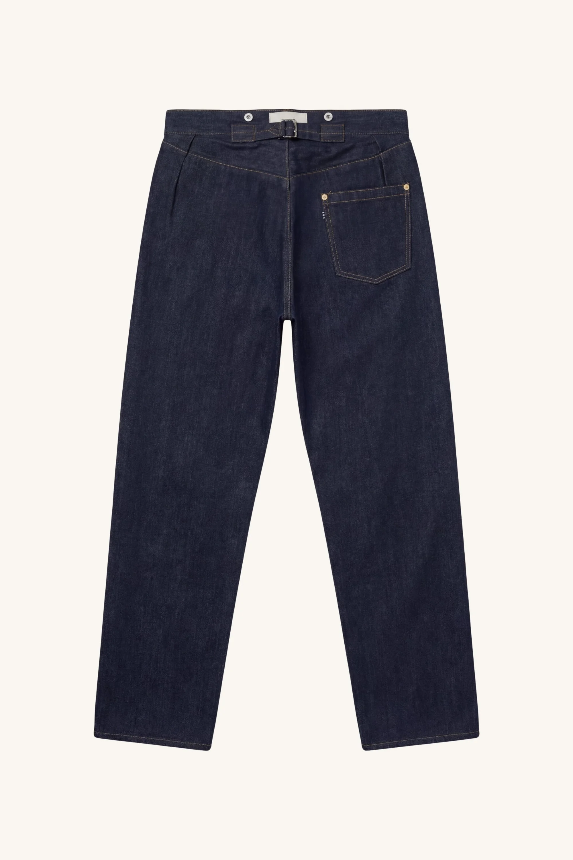 Back view of original selvedge denim jeans with back pockets and cinch buckle adjuster