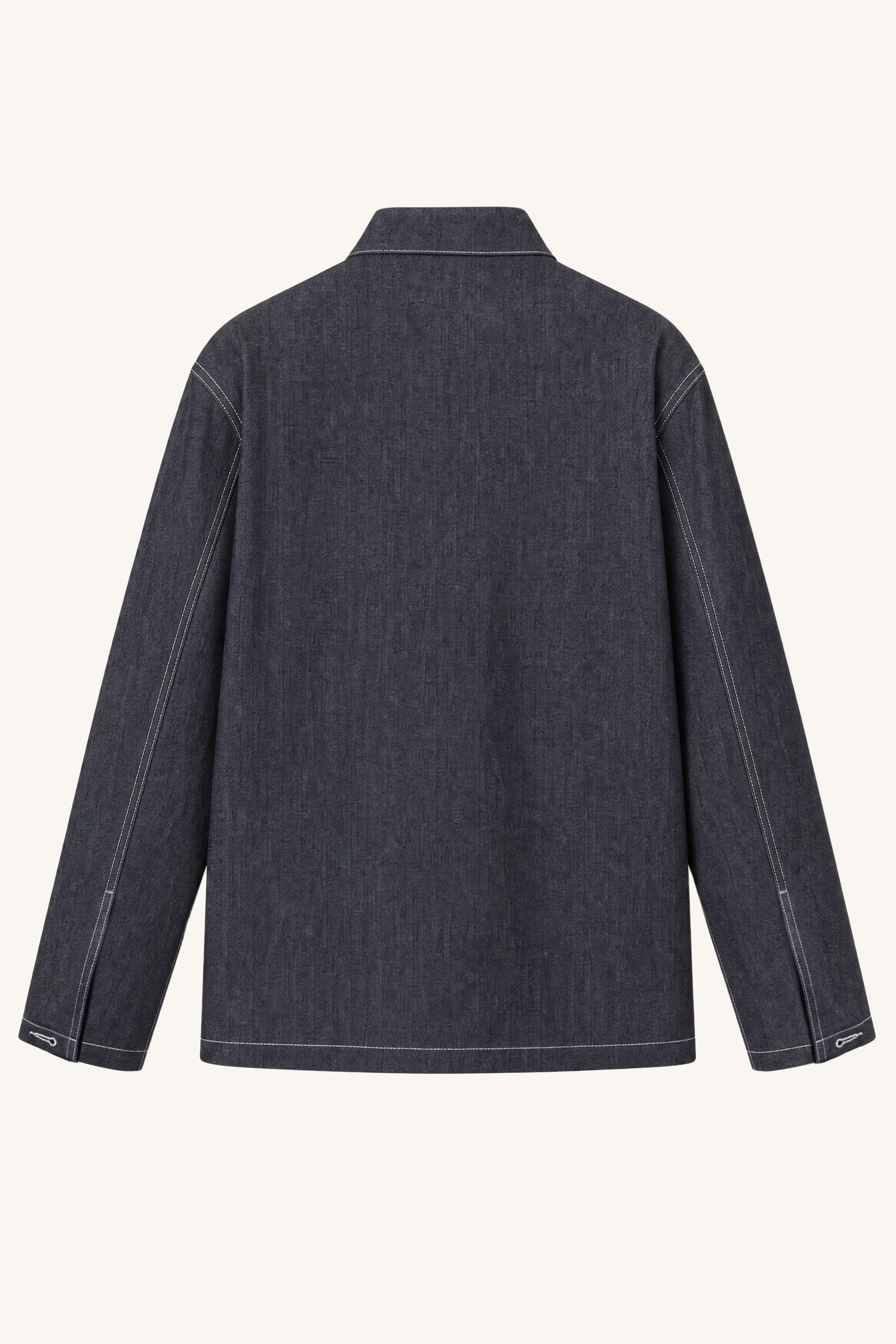 Back view of the Selvedge Denim Pullover showing straight hem and clean back panel.